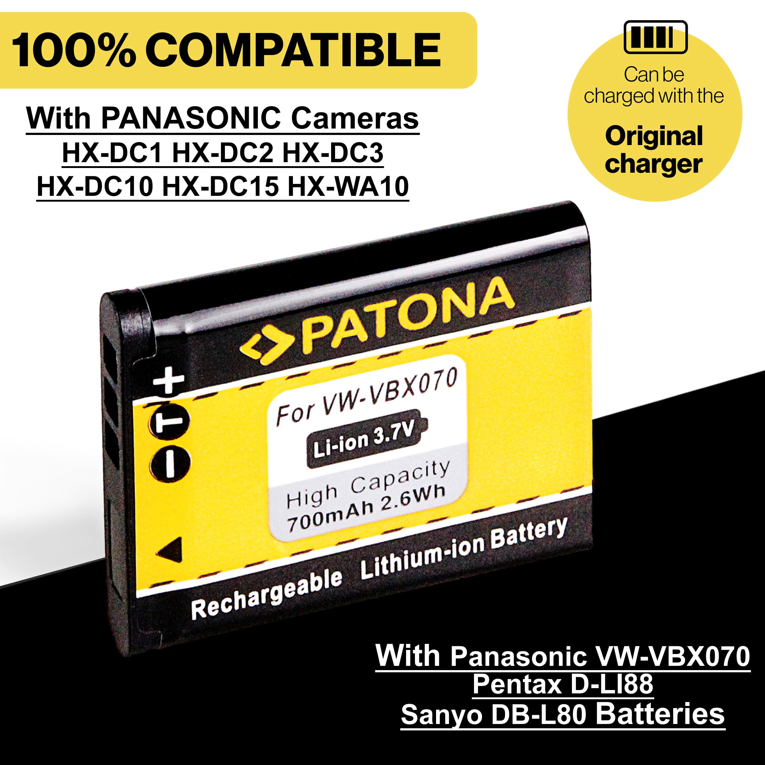 PATONA 2X Akumulator do Panasonic VW-VBX070 VBX070E 700mAh | Akumulator do HX DC1 DC2 DC3 DC10 DC15 WA10, Toshiba PX1686, Sanyo DB-L80 DB-L80A, Pentax D-Li88, z ochroną zwarciową