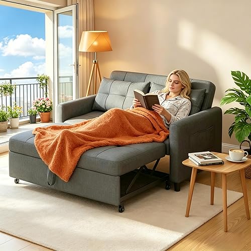 Gizoon 3-in-1 Convertible Loveseat Sleeper Couch Bed, 71.7" Extended Pull Out Sofa Bed, Linen Fabric Small Futon Sofa Bed with 2 Pillows for Apartment, Living Room, Bedroom, Dark Grey