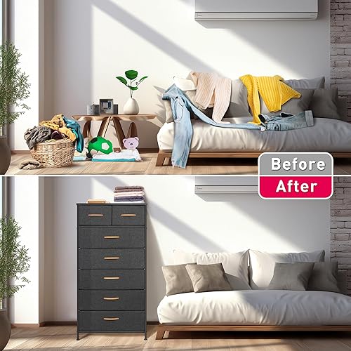 Miniatura 6 de Mifuro - Cómoda alta para dormitorio, torre organizadora de almacenamiento vertical con 7 cajones, cómoda con contenedores de tela, marco de acero,