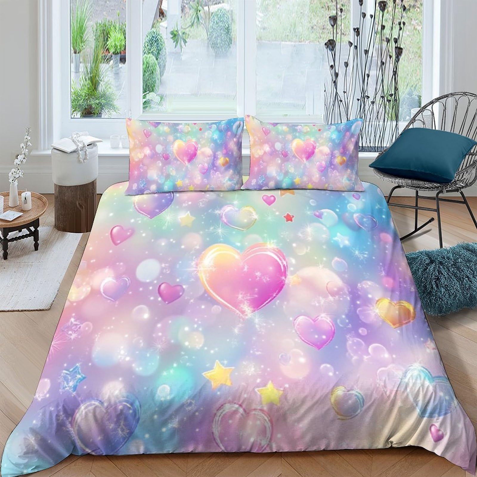 Ctjqhvkz Style-2 3D Printed Pastel Heart Dream Fitted Sheet Microfiber Soft Bedroom Decor Star Fantasy Mattress Cover Single（135X200cm）