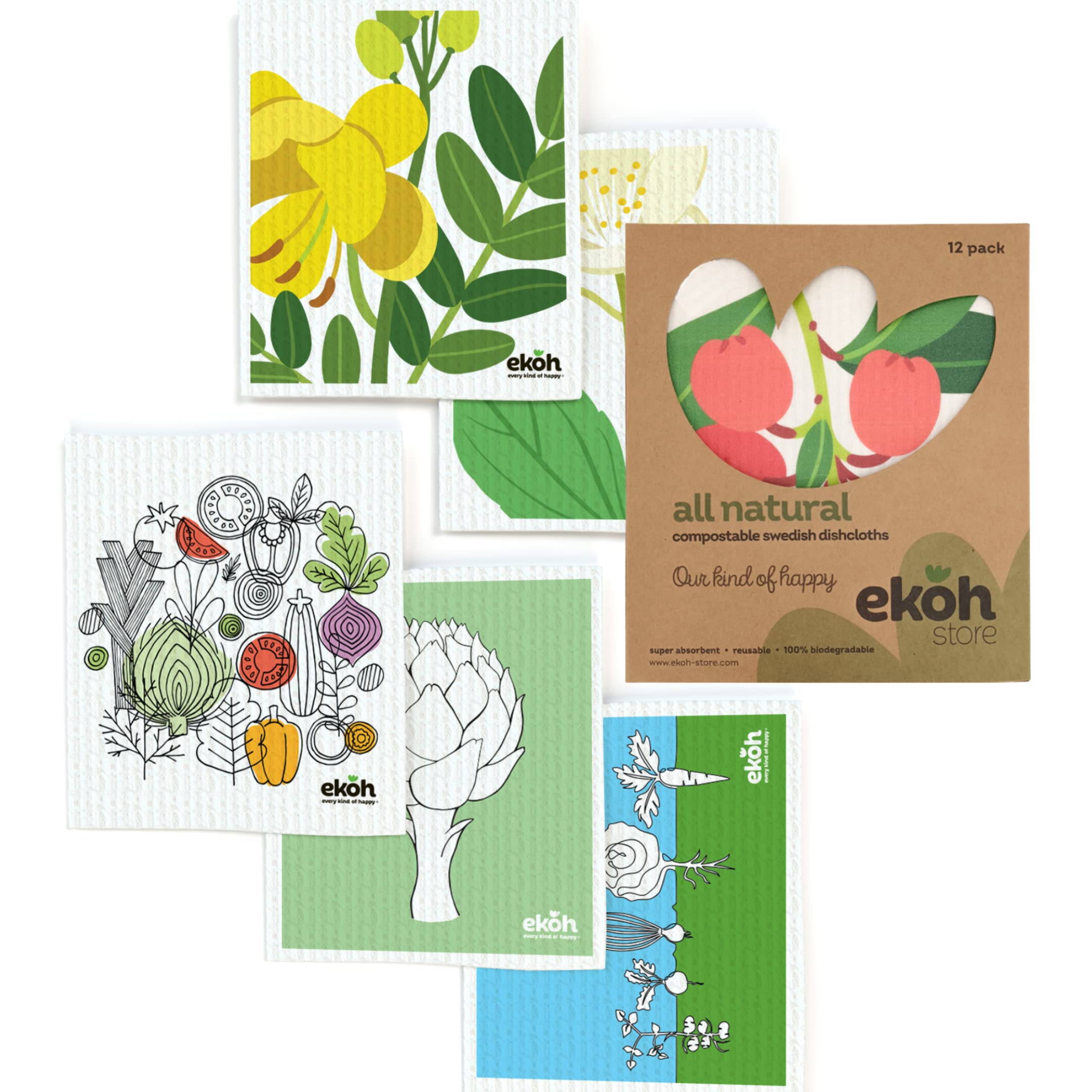 EKOH Swedish Dishcloths for The Kitchen - 12 Pack Cleaning Cloths for The Home - 100 Biodegradable Dish