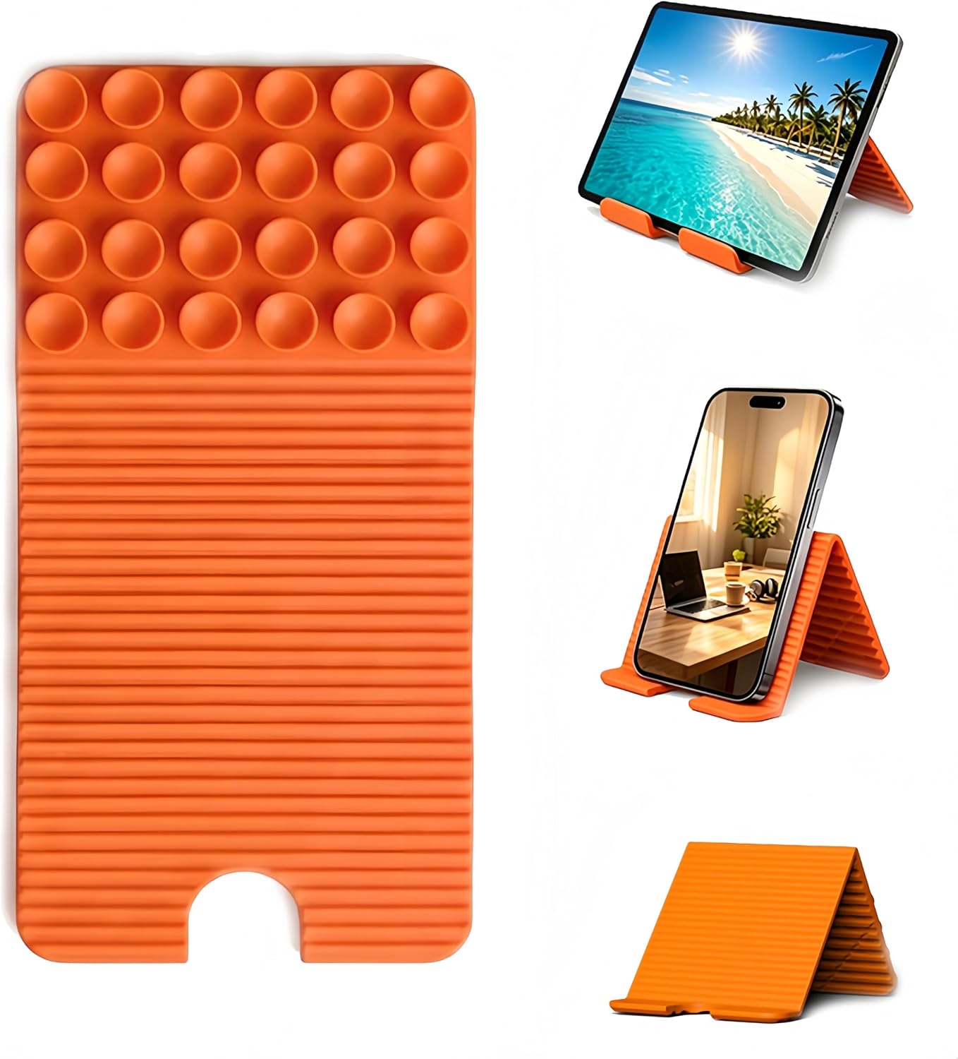 Flexible Silicone Phone Stand with Suction Cups & Charging Port Cutout, Bendable Foldable Cell Phone Stand for All Smartphones