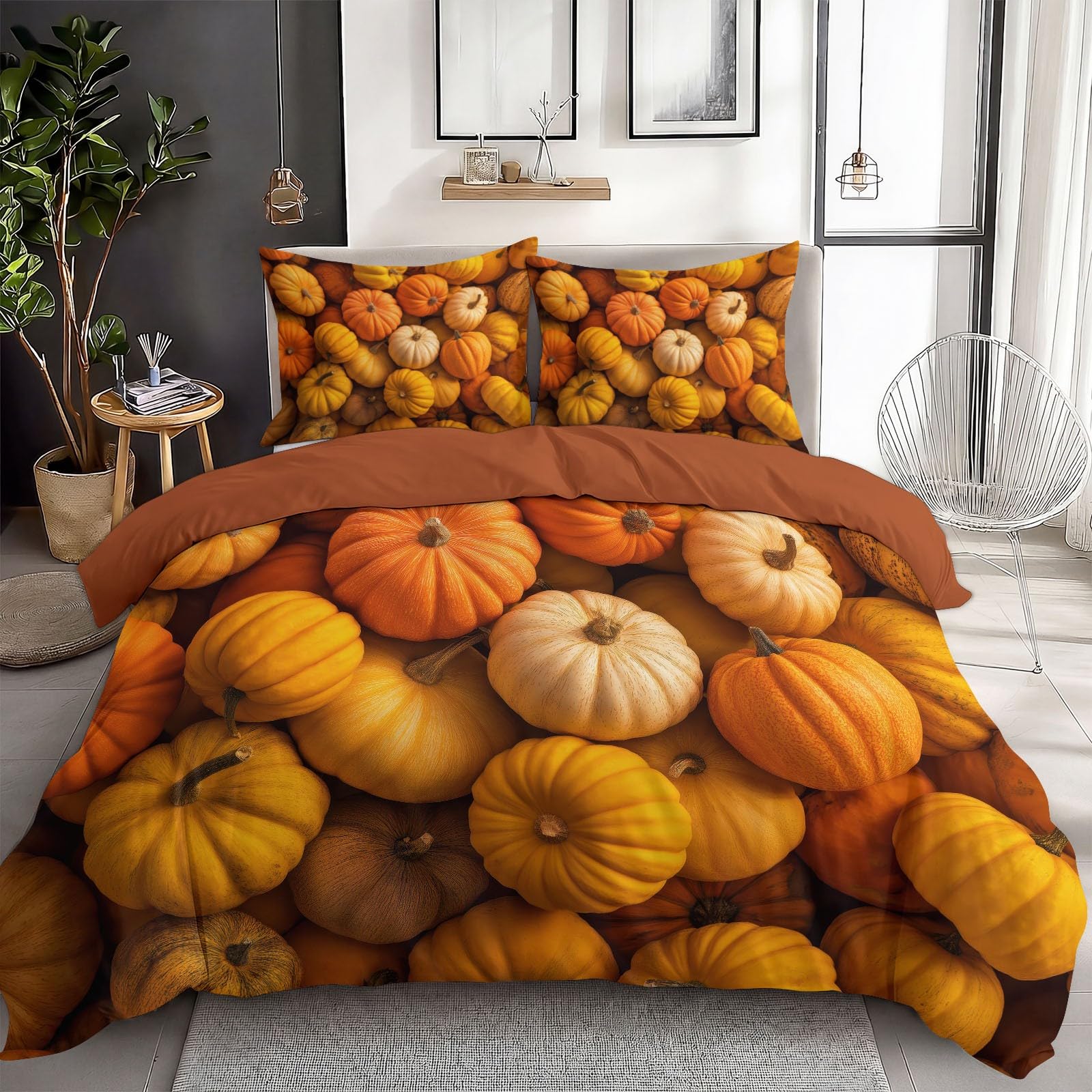 Set copripiumino per letto matrimoniale in stile autunnale, 3 pezzi, morbida microfibra spazzolata, marrone, con 2 federe, 200 x 200 cm
