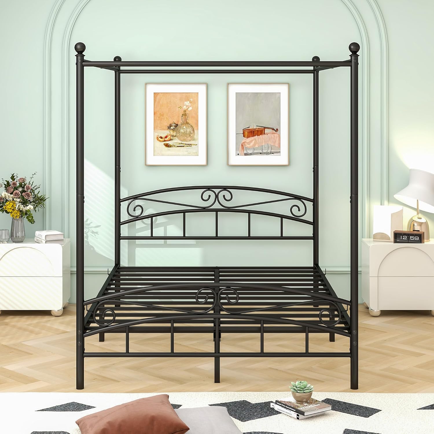 JIJIWANG Metal Canopy Bed Frame with Headboard and Footboard, Queen Size Four Poster Bed Frame No Box Spring Needed Easy Assembly Black
