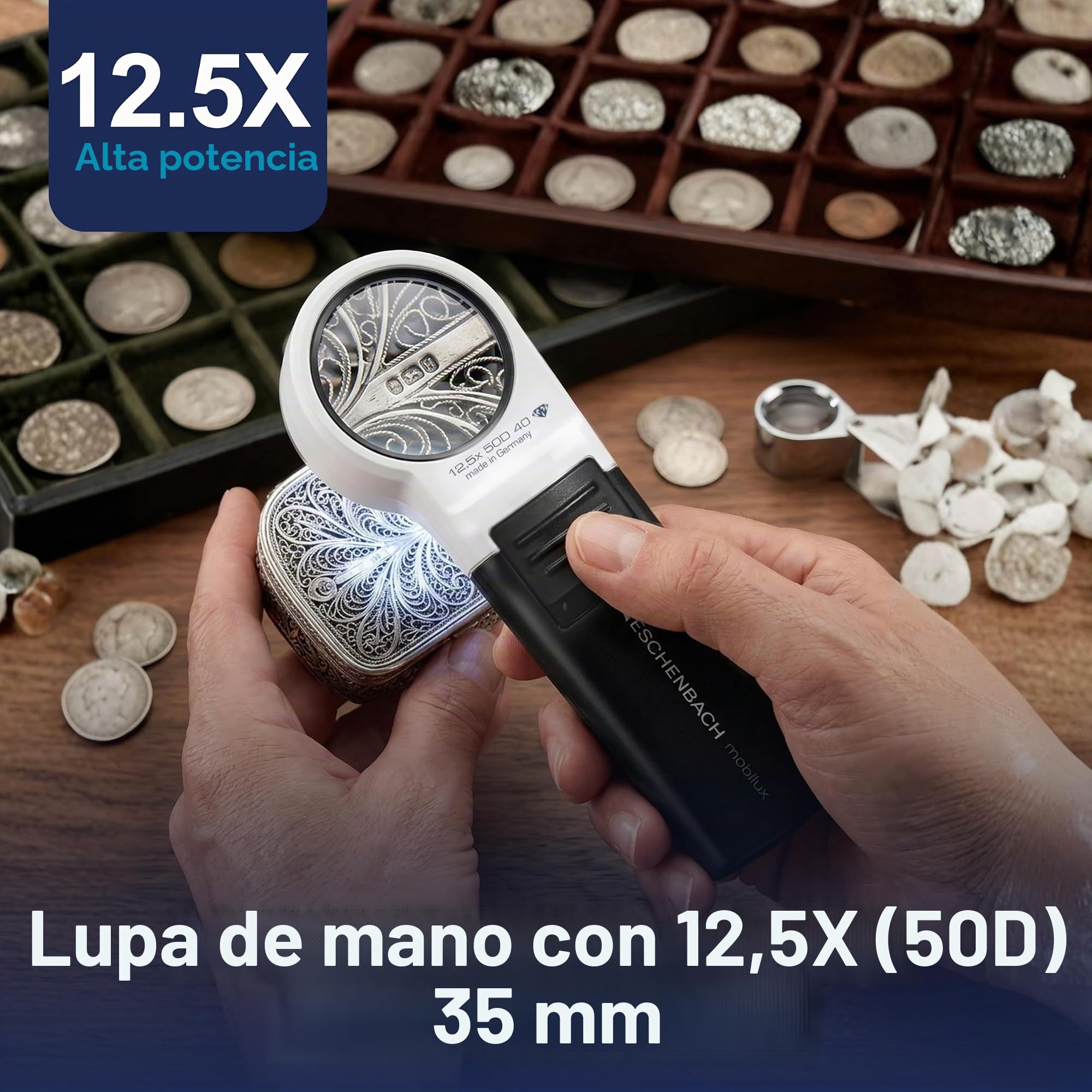 Eschenbach Optik MobiluxLED - Lupa de Mano con iluminación LED (12,5 x 35 mm)