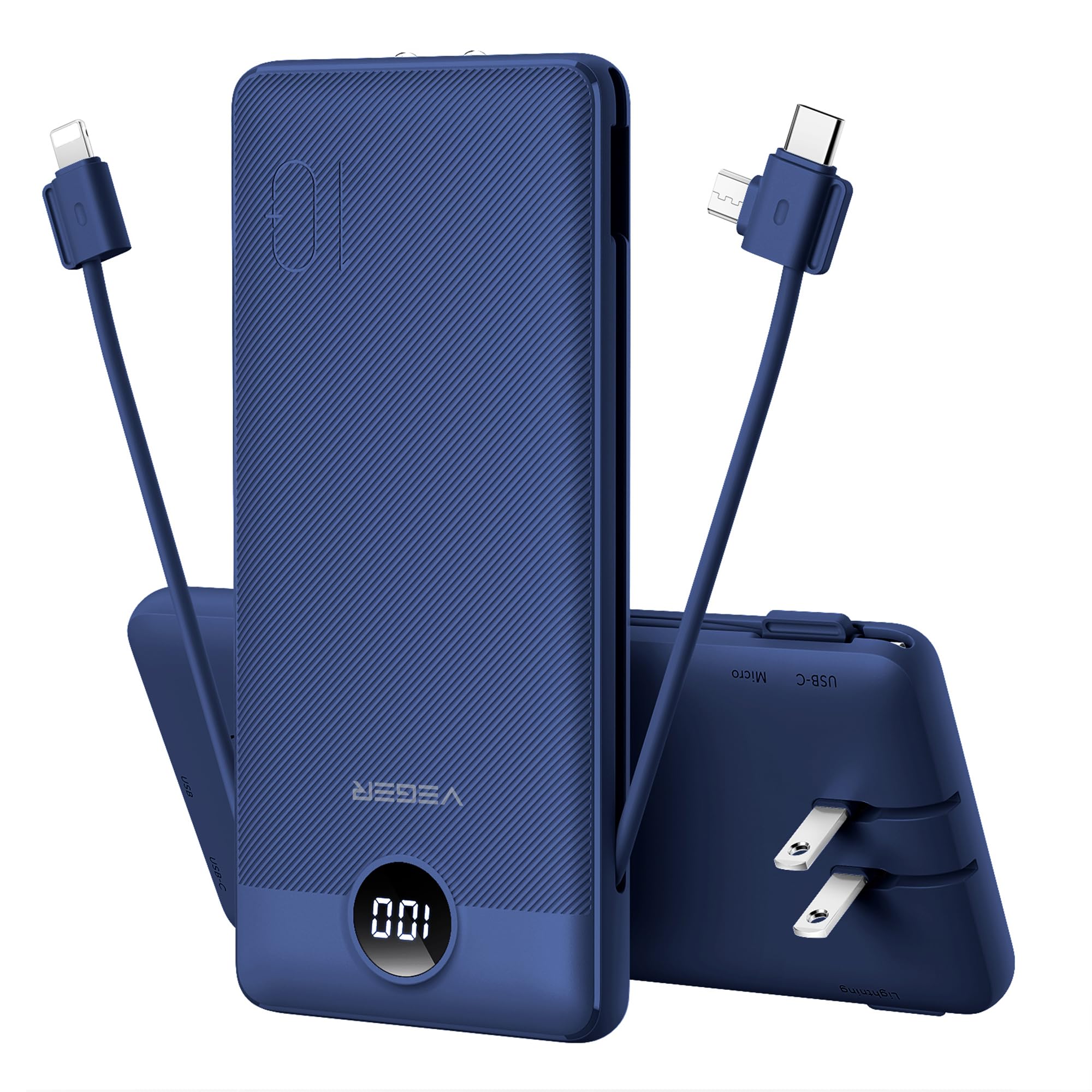 VEGER Portable Charger with Built-in AC Plug and Cables, All in One 10000mAh Ultra Slim Power Bank Travel Essentials, 15W Fast Charging Battery Pack Compatible with iPhone, Samsung, Android (Navy)
