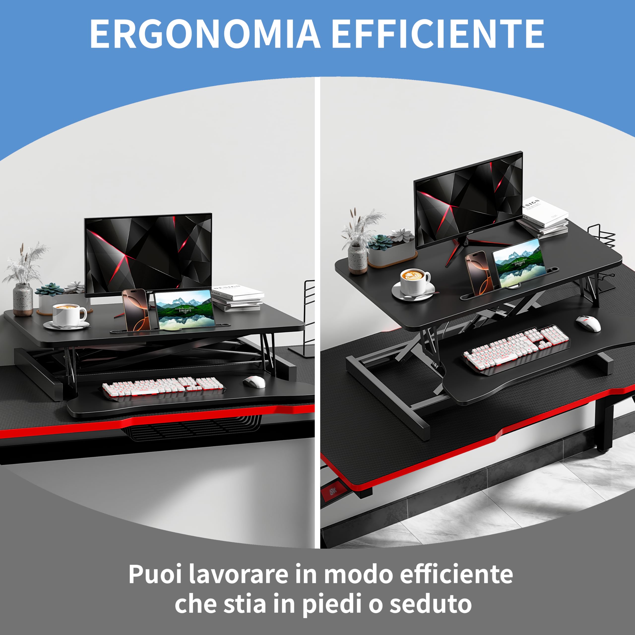 Mihoho Regolabile in Altezza in Piedi scrivania sedersi a Stare Molla a Gas Riser convertitore, postazione di lavoro per doppio monitor e laptop con ampio vassoio per tastiera (80centimetro)