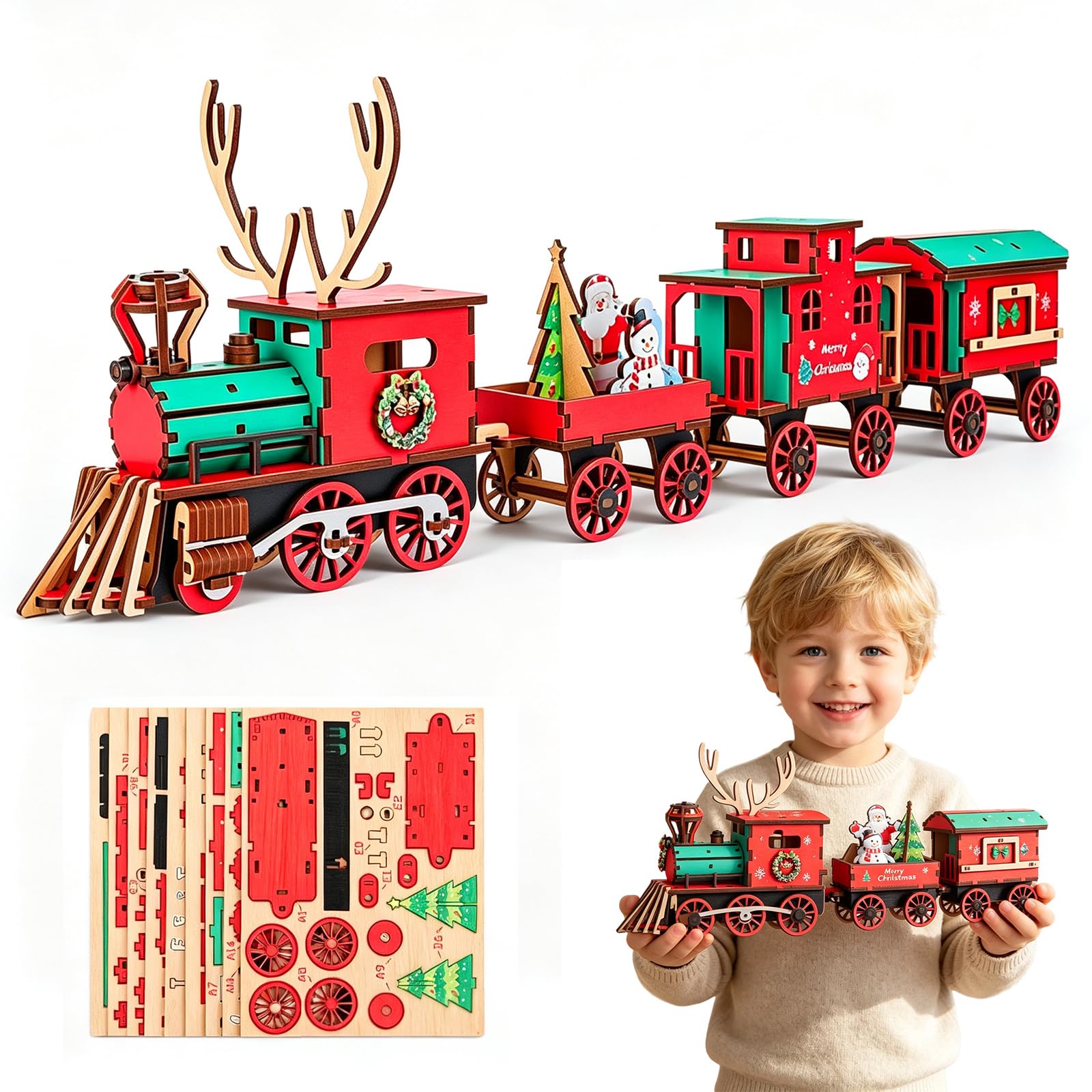 DIY Christmas Wooden Train Set 3D Assembly Puzzle Kit, 4-Car Slot