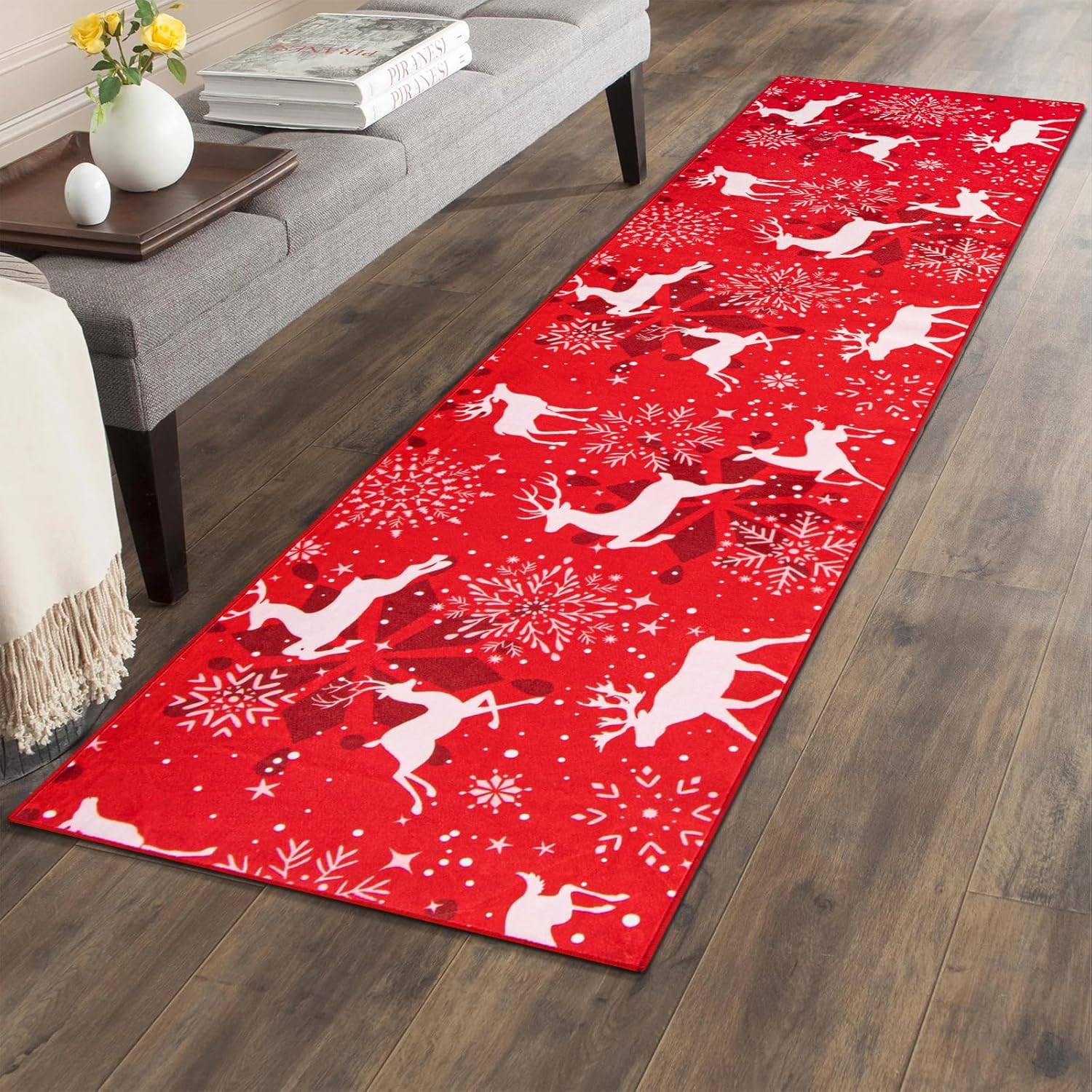Asrug Christmas Red Rug2x8 Reindeer Washable Runner Rug