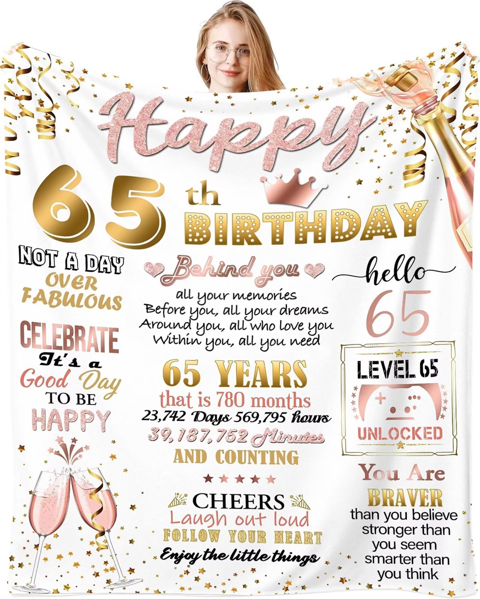 Fecifte 65th Birthday Gifts Blanket for Women, 65 Year Old Birthday Decorations Presents, Personalised Flanell 65th Birthday Blanket Gifts for Women Wife Sister 50"x60"