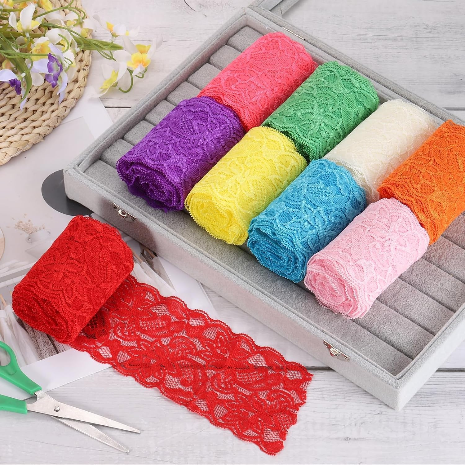 8CM Width Europe Belt Pattern Elastic Nylon Lace Trim,Curtain Tablecloth Slipcover Bridal DIY Clothing/Accessories.(5 Yards in one Package) (Red)