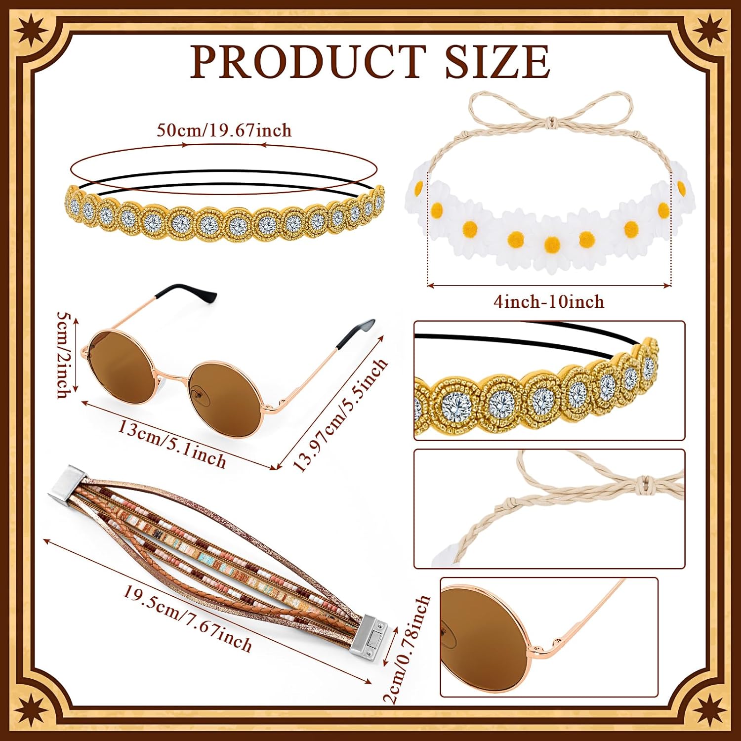 6 Pcs Bohemian Fringe Outfit Set with Retro Sunglasses Jewelry Rhinestone Headband Daisy Crown Festival Wear