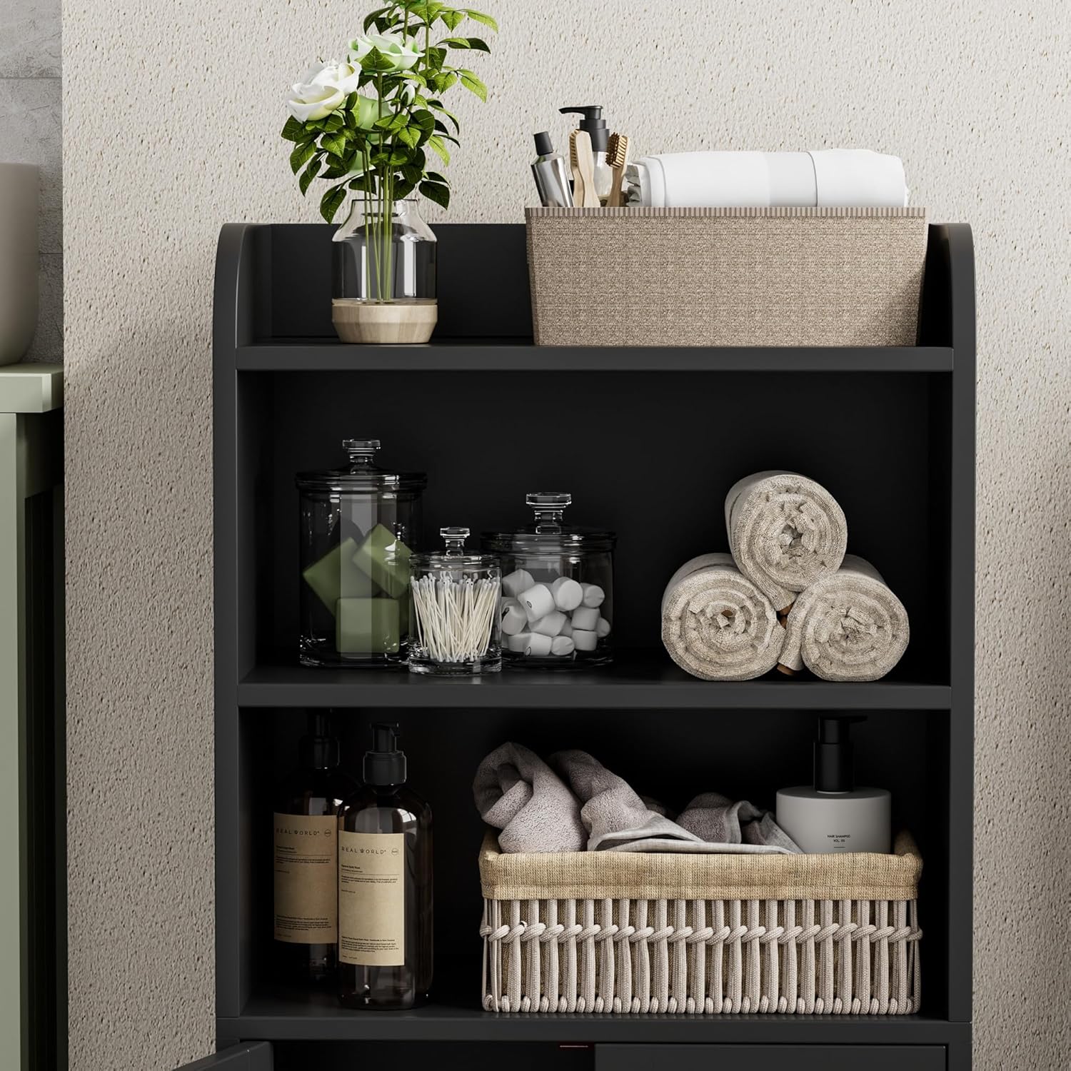 Homhedy Small Bathroom Storage Cabinet, Freestanding Toilet Paper Storage with 2 Doors and Shelves, Bathroom Organizers and Storage for Small Spaces, Laundry Room, 7.9" D x 14.6" W x 31" H, Black