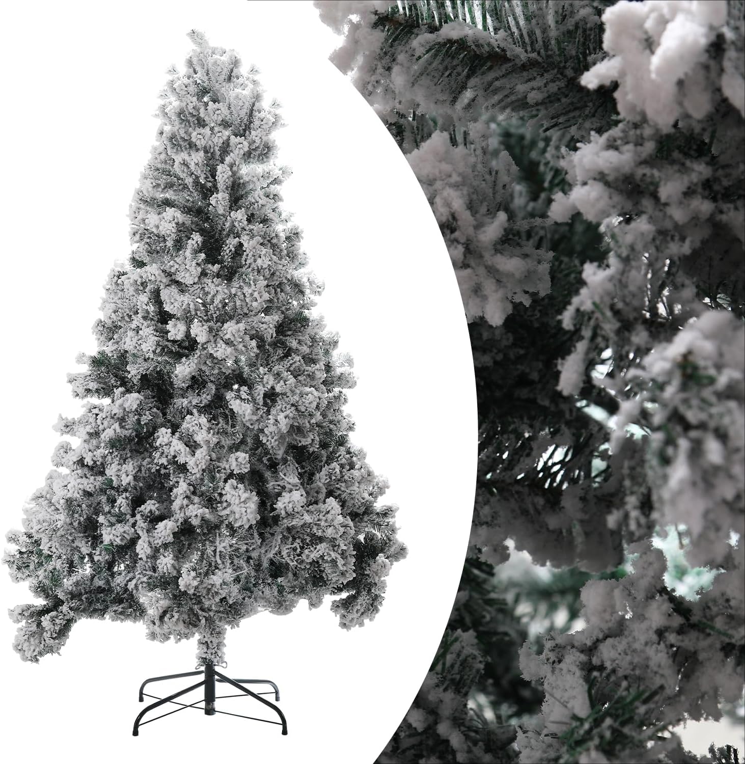 Cecaylie Árbol de Navidad artificial con nieve de 180 cm, PVC con soporte de metal, árbol artificial con copos de nieve blancos, sistema de plegado rápido