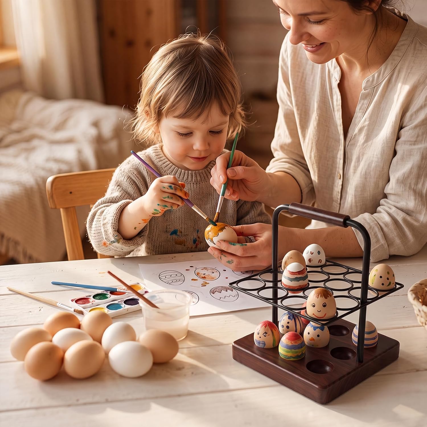 Farmhouse Wooden Egg Holder Countertop, 2-Tier Walnut Wood & Metal Egg Rack with Handles for 25 Fresh Eggs, Rustic Egg Tray Organizer for Kitchen Counter, Holds Eggs Farm Fresh Storage