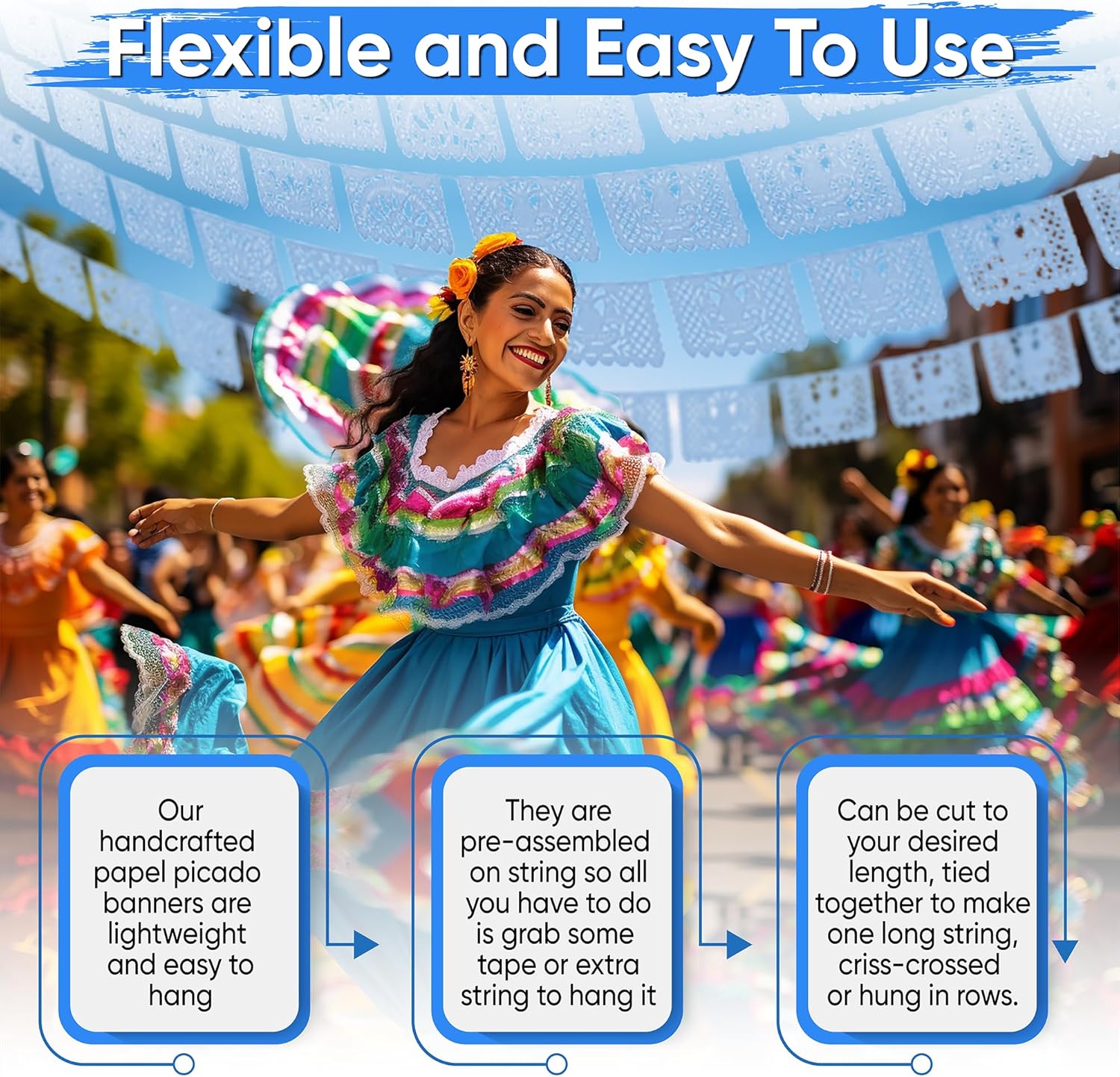 Papel Picado Flag Banners - 5 Pk Over 60 ft Aqua Blue Tissue Paper, Pretty Banners for Weddings, Quinceaneras, Birthdays, Fiesta Party Supplies, WS900