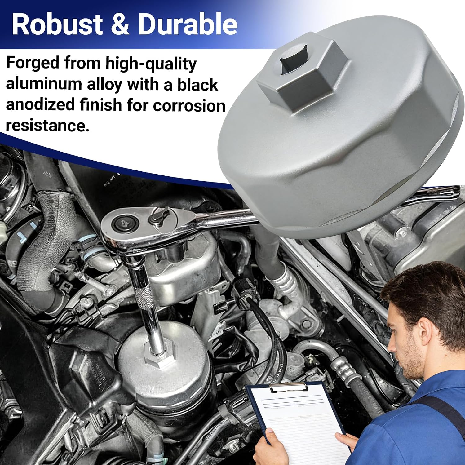 Oil Filter Wrench, Heavy Duty Aluminum 74mm 14-Flute Oil Filter Cap Removal Tool, Compatible with Mercedes Benz, Audi, VW, Porsche, Audi, Mazda, Sprinter Select Mobil1, Bosch, Mahle