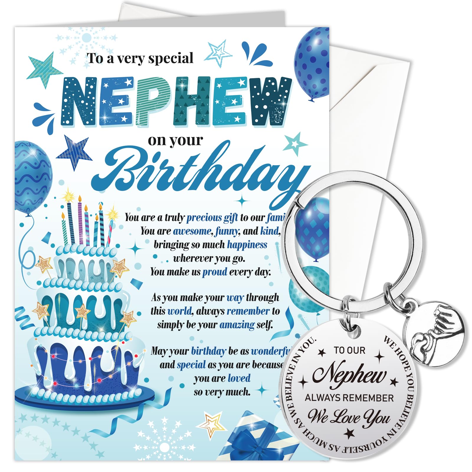 HOWAF Nephew Birthday Card Gifts, Happy Birthday Card & Keyring Engraved for Nephew Gifts from Auntie, Aunty, Aunt, Uncle