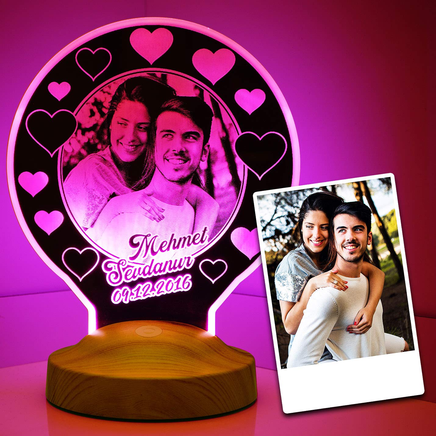 Regalo para el Día de la Madre Lámpara personalizable con foto y texto en imágenes 3D LED, diseño de lámpara grabada (redonda)