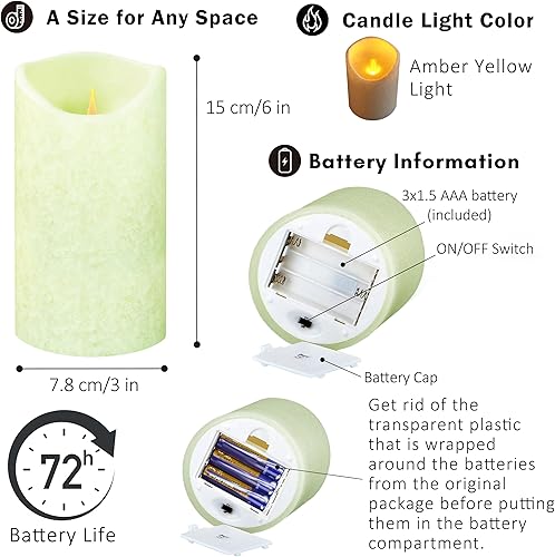 Miniatura 7 de FURORA LIGHTING Paquete de 1 vela LED cristalizada de cera real verde (3 pulgadas de profundidad x 6 pulgadas de alto) para decoración del hogar,