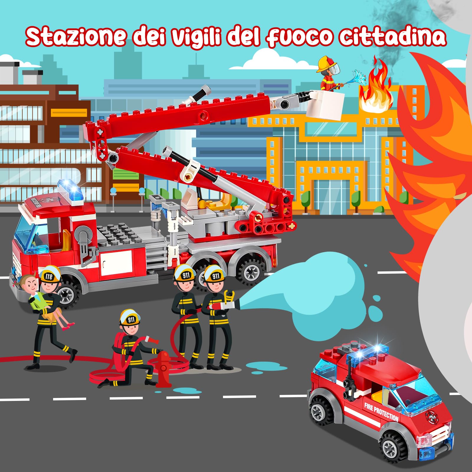 YOOHBERRYS Caserma dei Pompieri Costruzioni 827+ Pezzi per Bambini 8+ Anni | 6-in-1 City Pompieri Vigili del Fuoco, Elicottero, 2 Mezzi di Soccorso, 2 Autopompe, Idea Regalo Giocattoli Ragazzi Ragazze