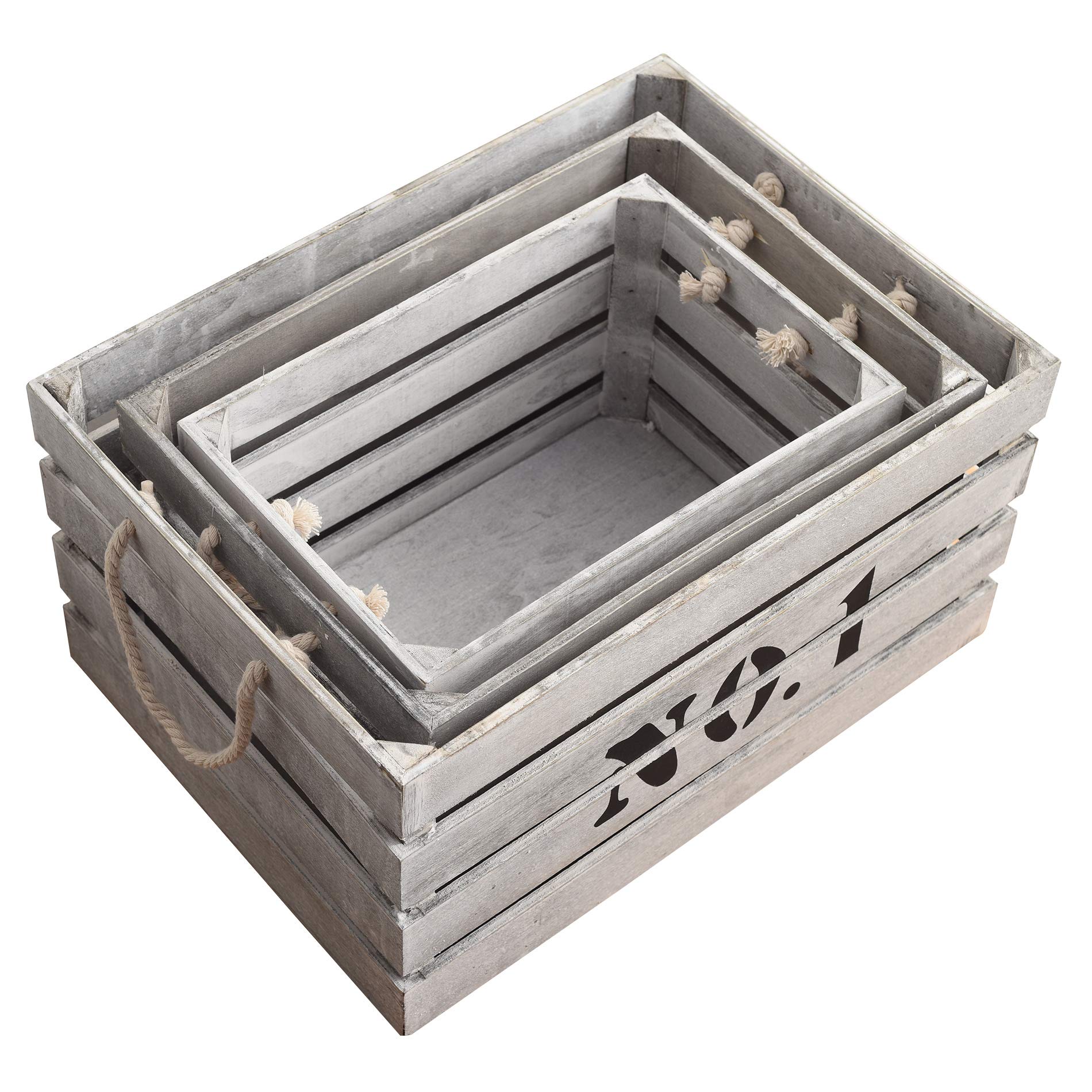 Rebecca Mobili Juego 3 Cajas estilo industrial, cestas contenedores madera, blanco, dormitorio salón garaje - Medidas: 22 x 41 x 30 cm (AxANxF) - Art. RE4292