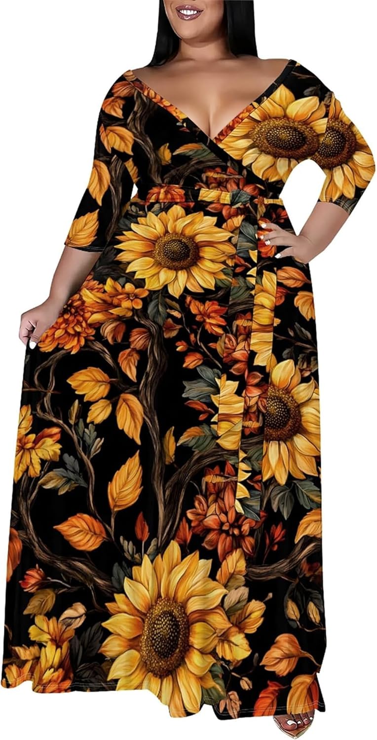 FANDEE Plus Size Maxi Dress for Women Summer, Casual 3/4 Sleeve V Neck Floral Flowy Long Dresses with Belt Pockets, XL- 5XL - Image 2