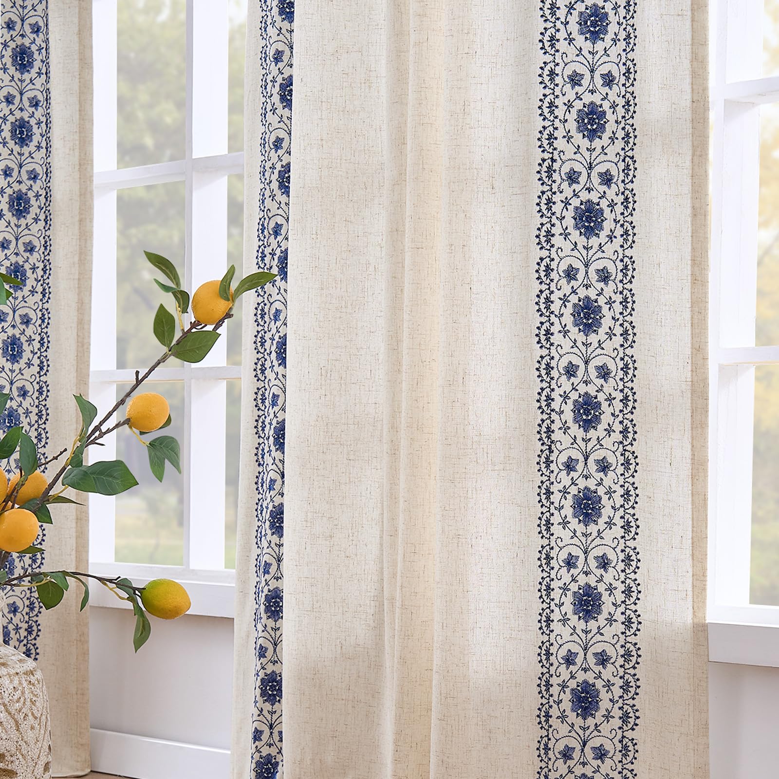 jinchan Weslie Boho Lined Linen Curtains for Bedroom Blue Vintage Floral Farmhouse Curtains 90 Inches Long Linen Drapes for Living Room Embroidered