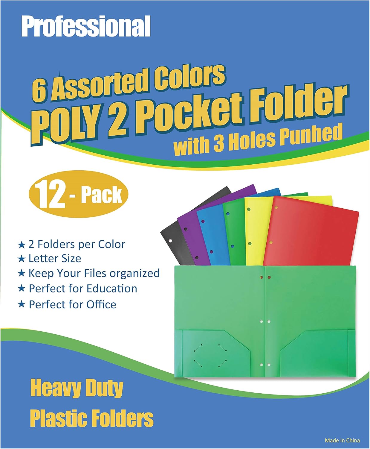 SODOG Tatane Velots Phetronix 12-Pack Heavy Duty Plastic 2 Pockets Folders with 3 Holes Punched for Letter Size Paper