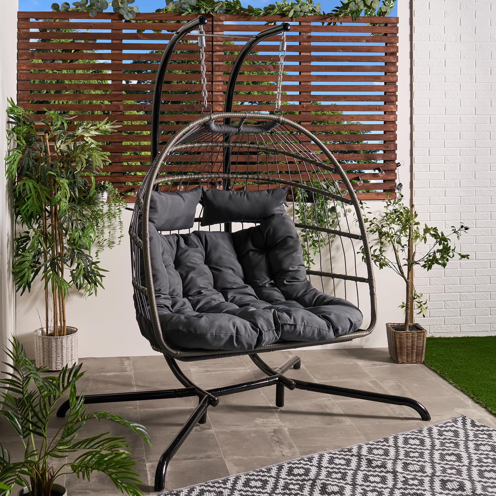 OHS Double Egg Chair Charcoal Gey, Rattan Swing Chair Wicker Hammock with Stand Hanging Egg Chair Indoor Outdoor Patio Furniture Foldable Garden Swing Comfy Soft Cushion with 2 Headrest Included