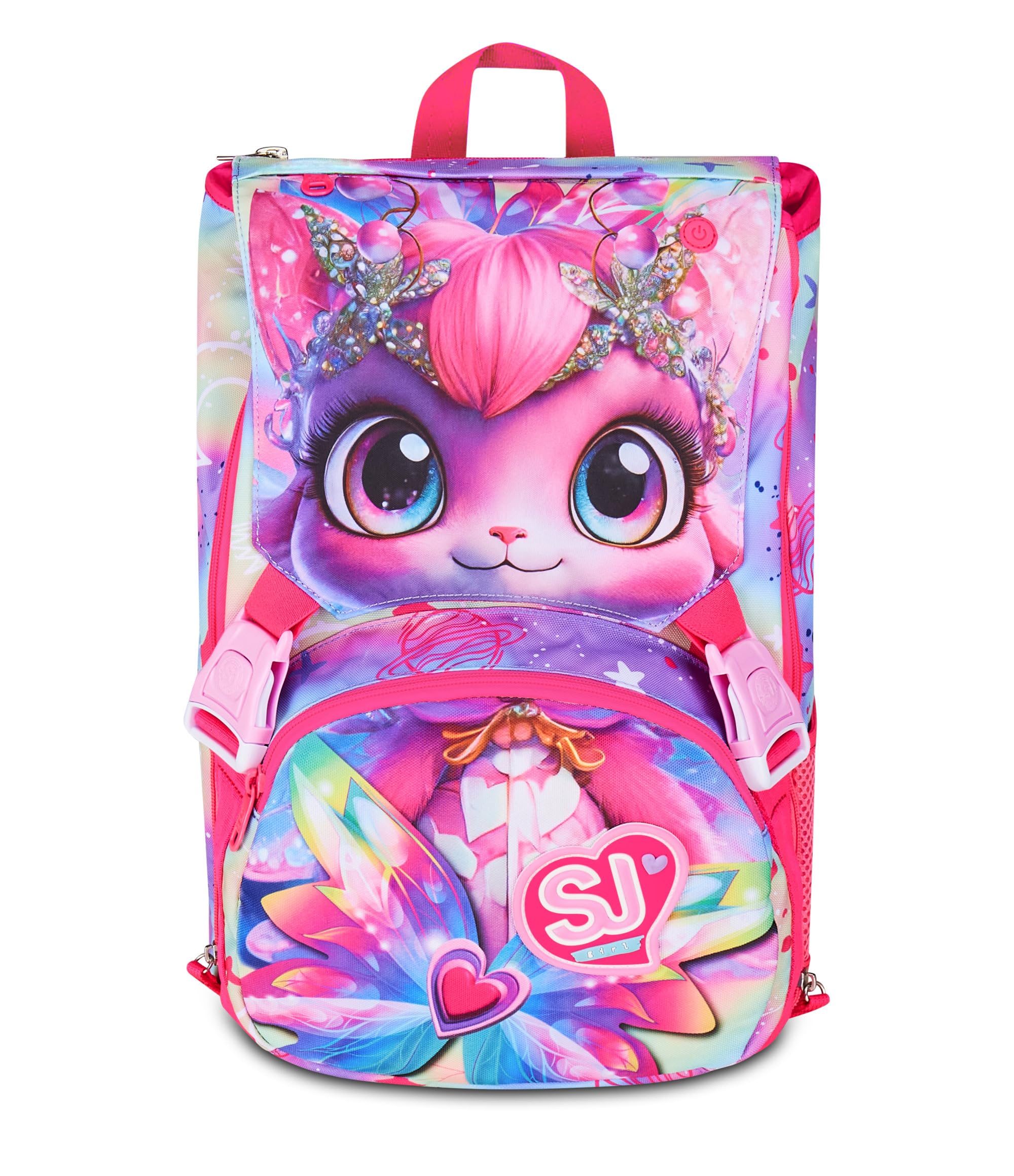 SJ GANG STYLE JAM GANG Zaino Scuola Estensibile Big CATLED, Fucsia, Zaino con Divisorio Interno, Tasca Superiore con Occhi LED, Tasca per Borraccia, 24 L, Zaino Scuola Elementare, Bambina