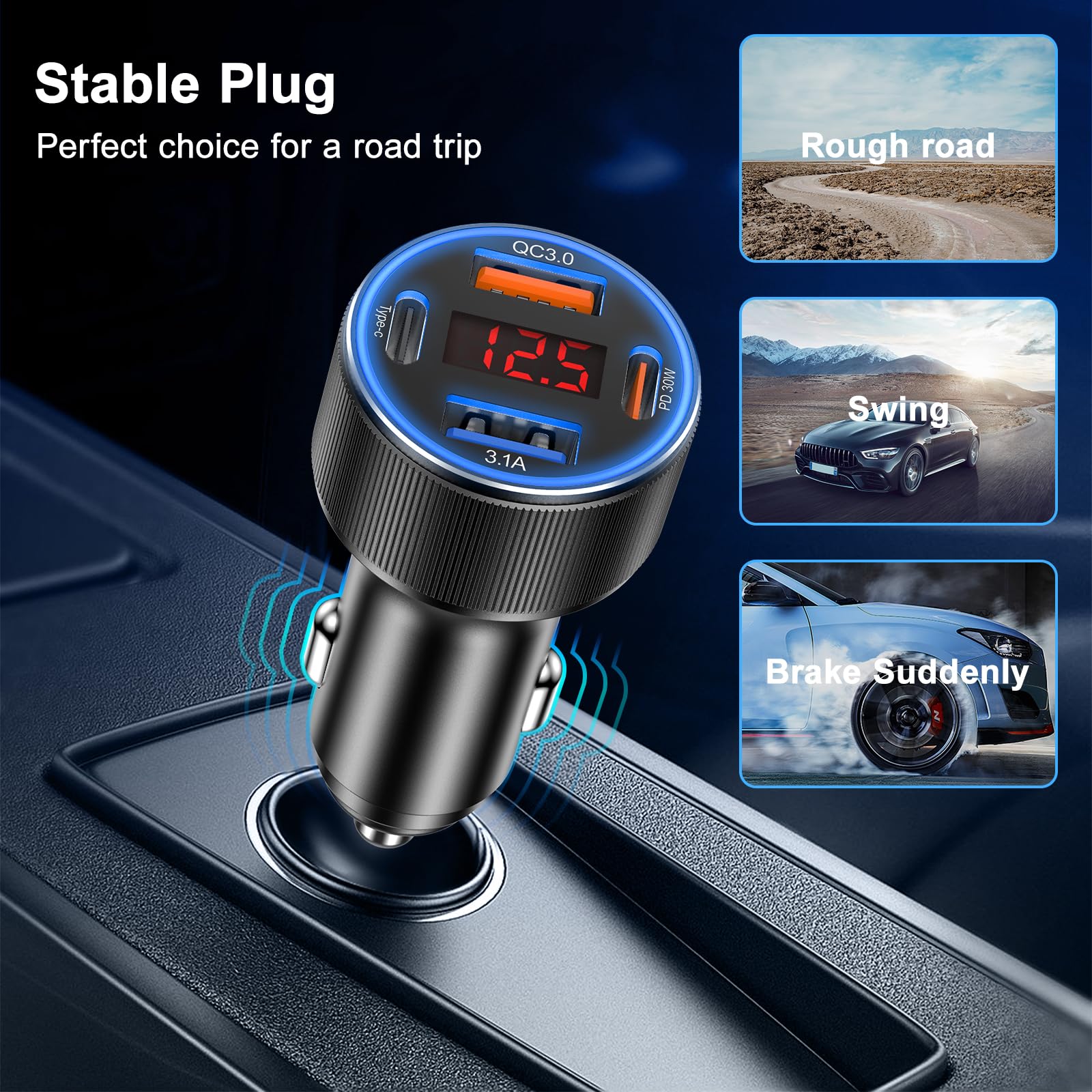 Cargador de coche con voltímetro, paquete de 2 (negro, negro)
