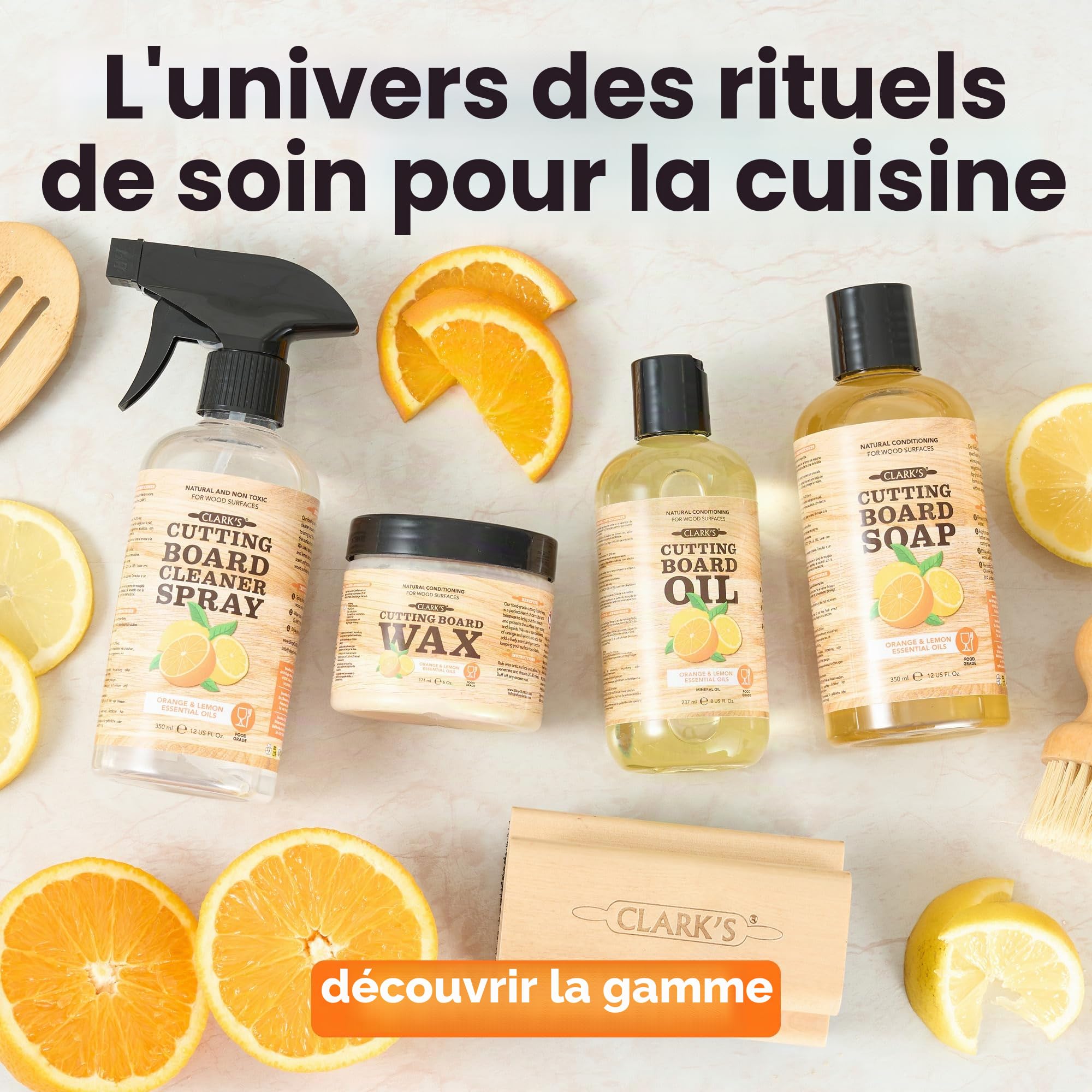 CLARK'S Huile de planche à découper – Huile minérale de qualité alimentaire pour planches à découper et blocs de boucher – Huile de planche à découper aux extraits d'orange et de citron – L'huile