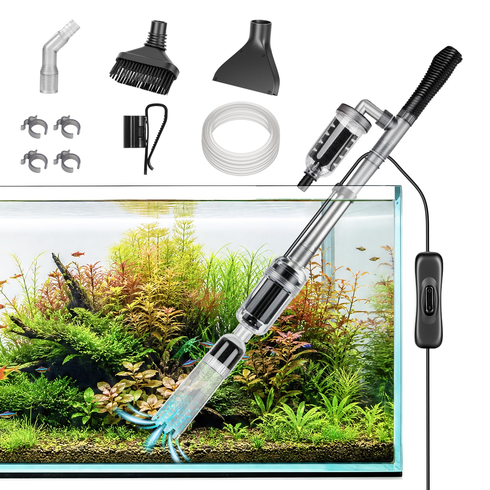 hygger 15W Aspirateur Aquarium Electrique, 5-en-1 Kit Nettoyage Aquarium | 2000L/h Nettoyeur Aquarium,Longueur Réglable,Automatique avec Laveur de Sable et Changeur d'eau,For Freshwater & Saltwater