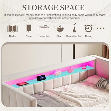 Pull-Out Bed with Storage, Multifunctional Sleeper Sofa with LED & USB-C Port, Convertible Sofa Bed Frame for Bedroom and Living Room, 90x190 cm, Velvet, Beige (No Mattress)