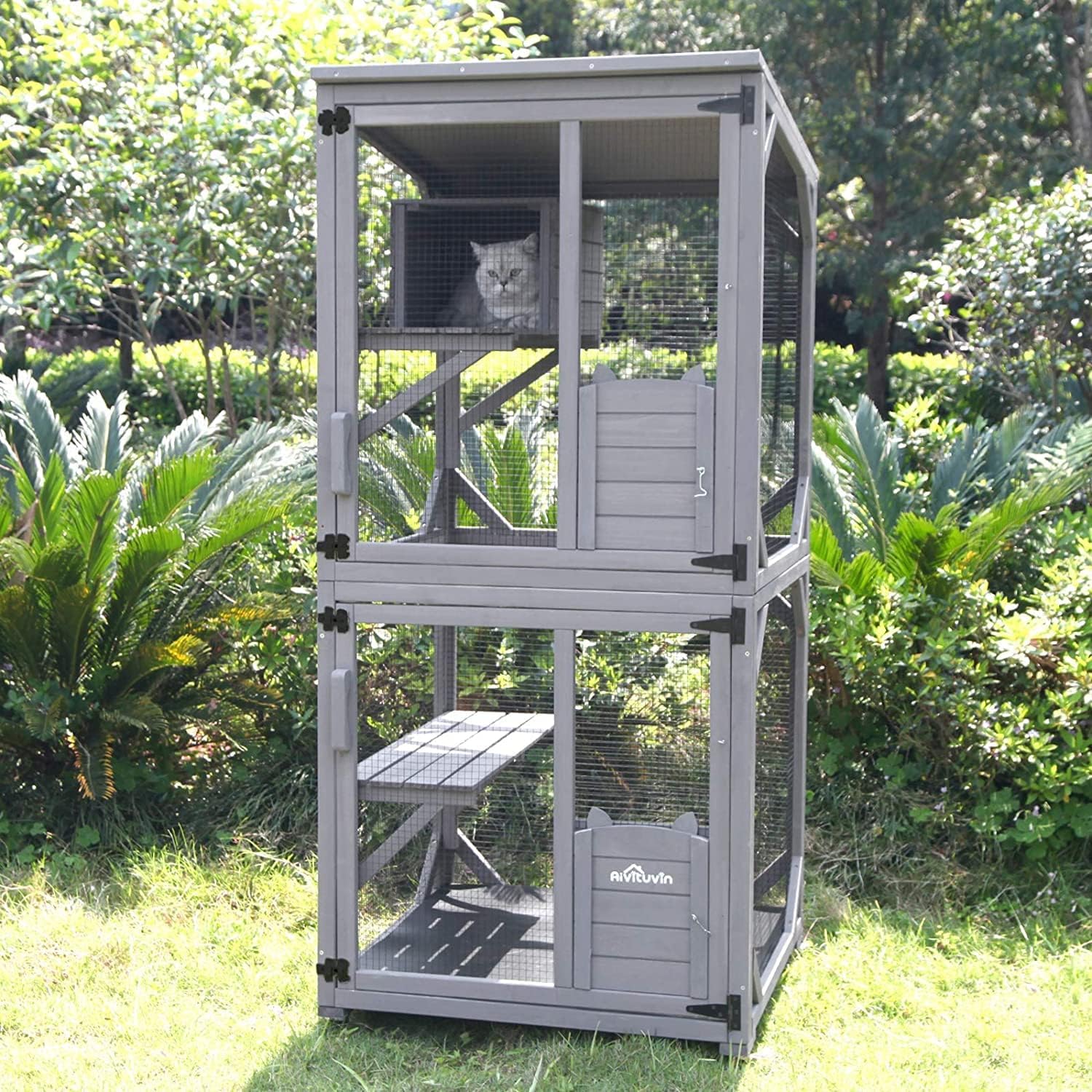 Seiyierr Gato jaula de madera interior al aire libre gato casa grande con ruedas en Run 70.9" gato jaula con barras de refuerzo y techo impermeable