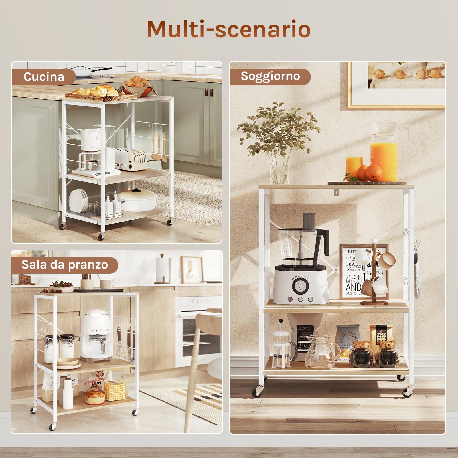WOLTU Scaffale da Cucina con Ruote, Carrello Cucina a 3 Livelli, Scaffale per Microonde con 4 Ganci, Carrello da Bar con Struttura in Metallo, Bianco + Effetto Legno, 60x40x82,5 cm