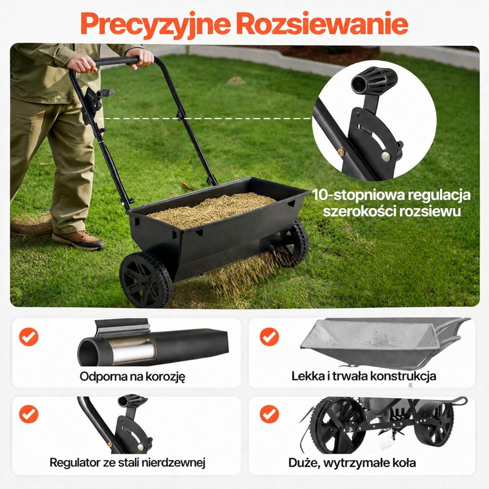 Rozsiewacz pchany, pojemność 22,6 kg, zbiornik z 30 ustawieniami i kołami do nasion oraz nawozu w ogrodzie i na trawniku