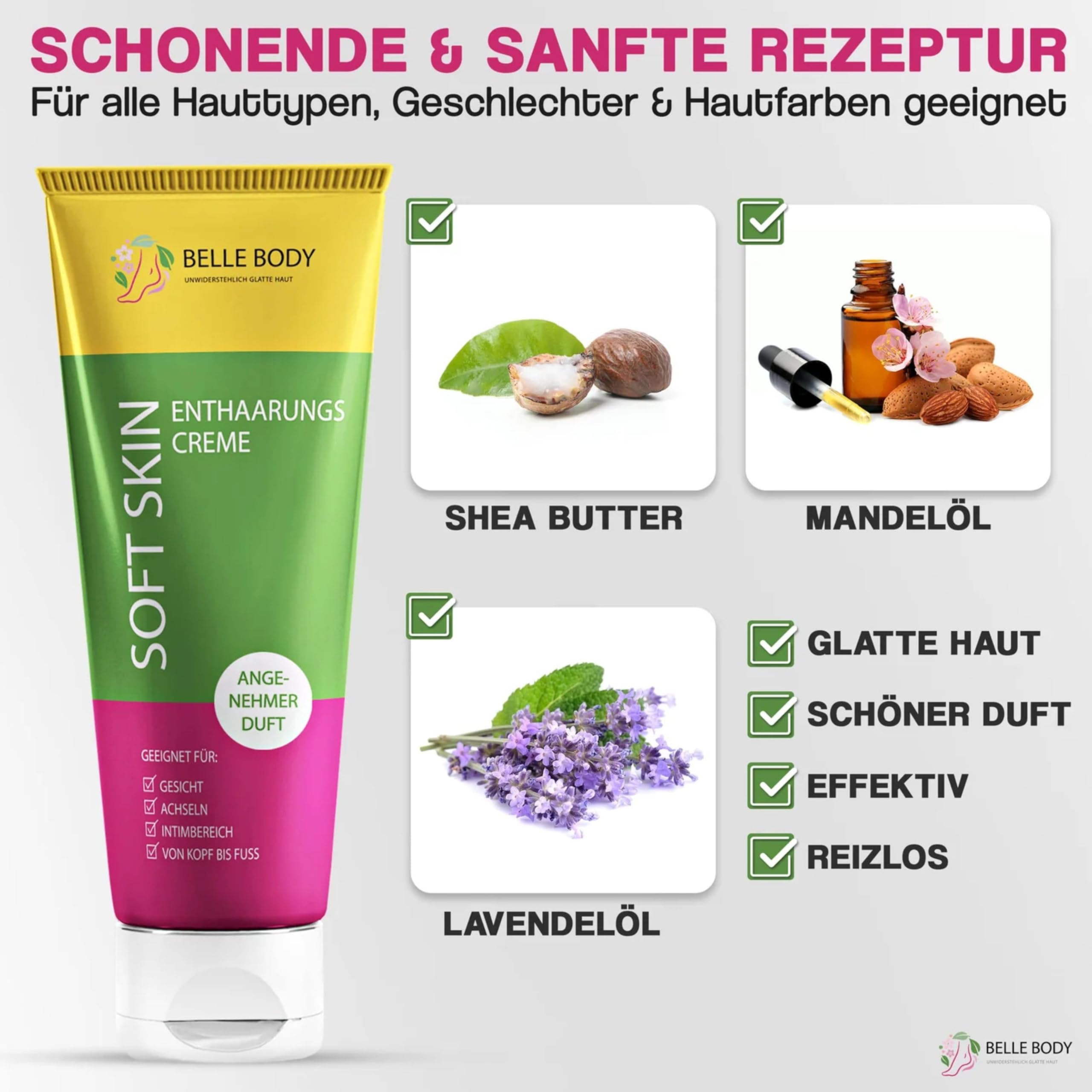 Belle Body Enthaarungscreme - Schnell, Schmerzfrei, Langanhaltend Haare weg | Enthaarungscreme für Gesicht, Achseln, Intimbereich - Sanft, ohne Rasurbrand & Pickel - Vegan - Für alle Hauttypen - 1x100ml