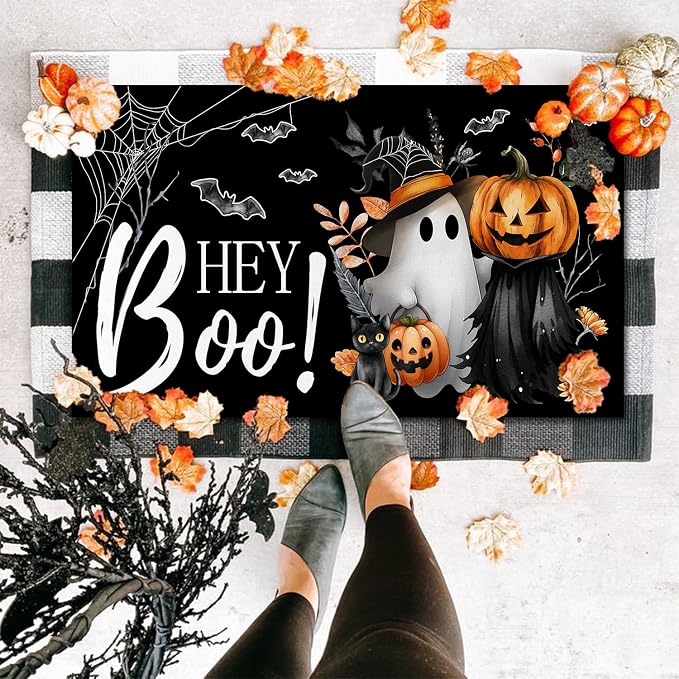 Halloween Door Mat Hey Boo Welcome Mat Scary Entry Rug 17x29 Inch