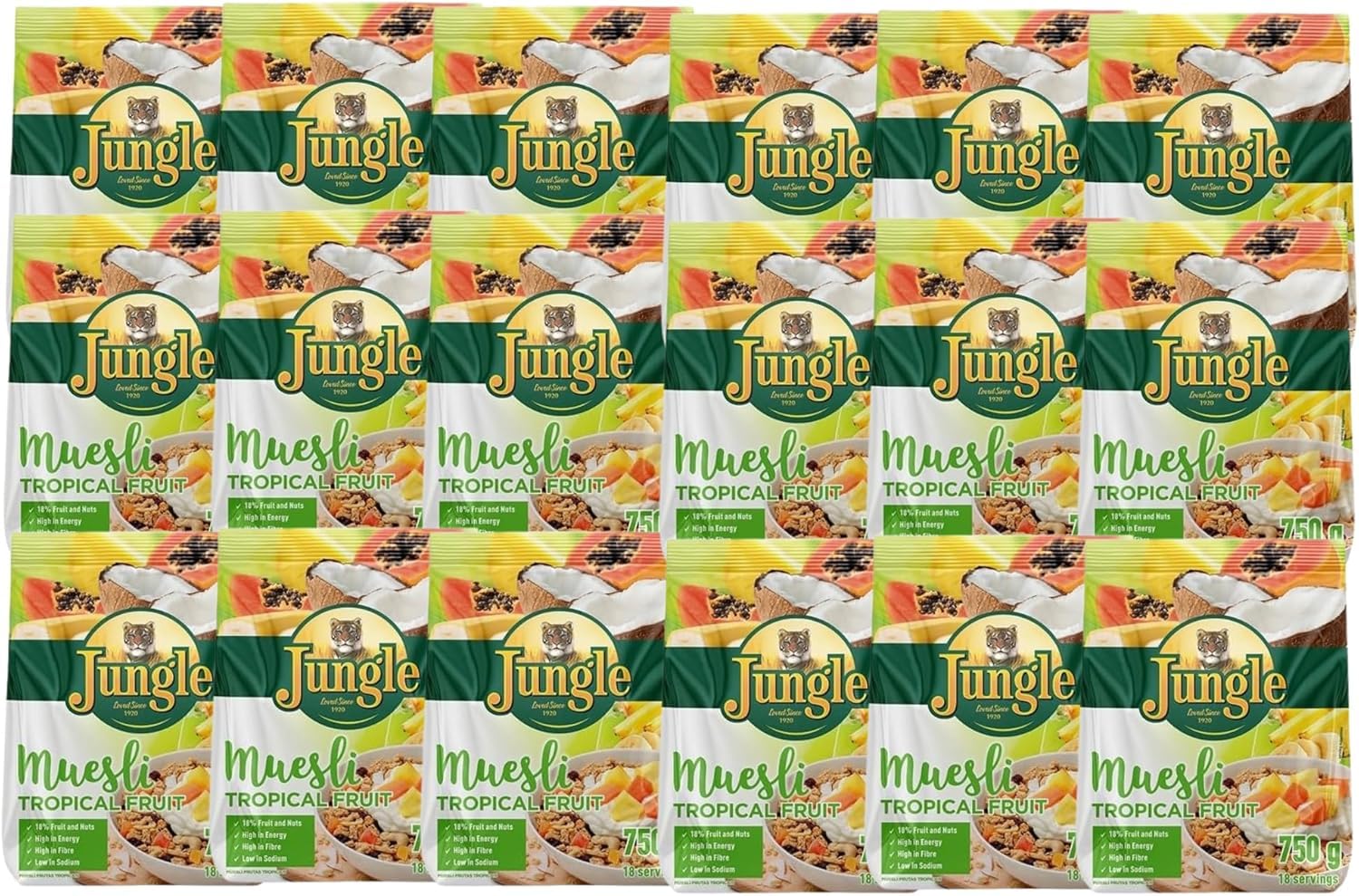 Jungle Muesli Tropical 750g: Deliciously Fruity Breakfast Cereal, High-Fibre Muesli with Fruit and Nuts, High-Energy, Low-Sodium Crunchy Muesli - (Case Pack 12)