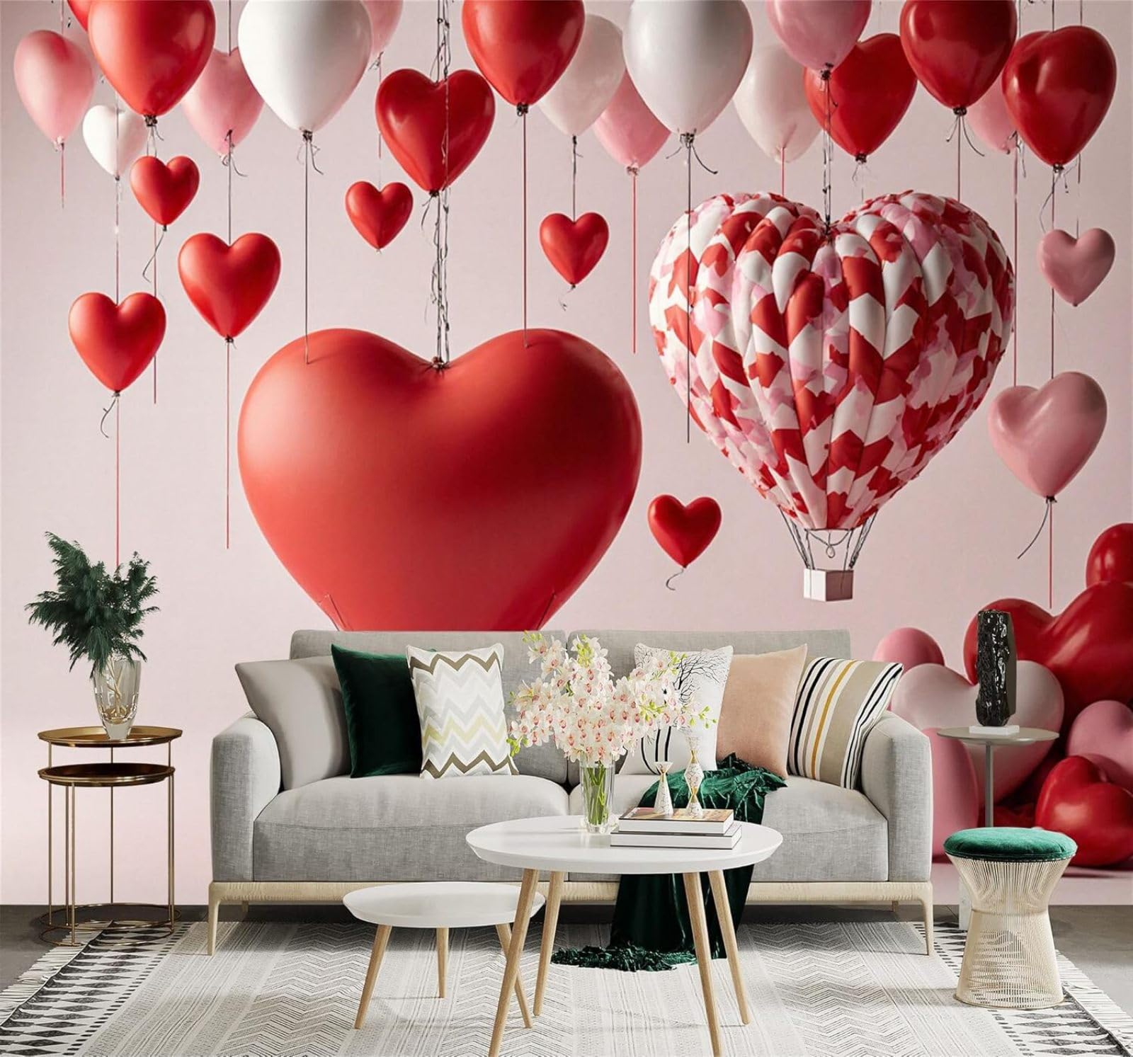 Tzxztt 400Cm×280Cm(B×H) Romantic Red Pink Heart Shaped Balloons Hot Air Balloons Modern 3D Wallpaper Premium Textured Silk Neutral Tones Material Ideal For Living Room Bedroom-400Cm×280Cm