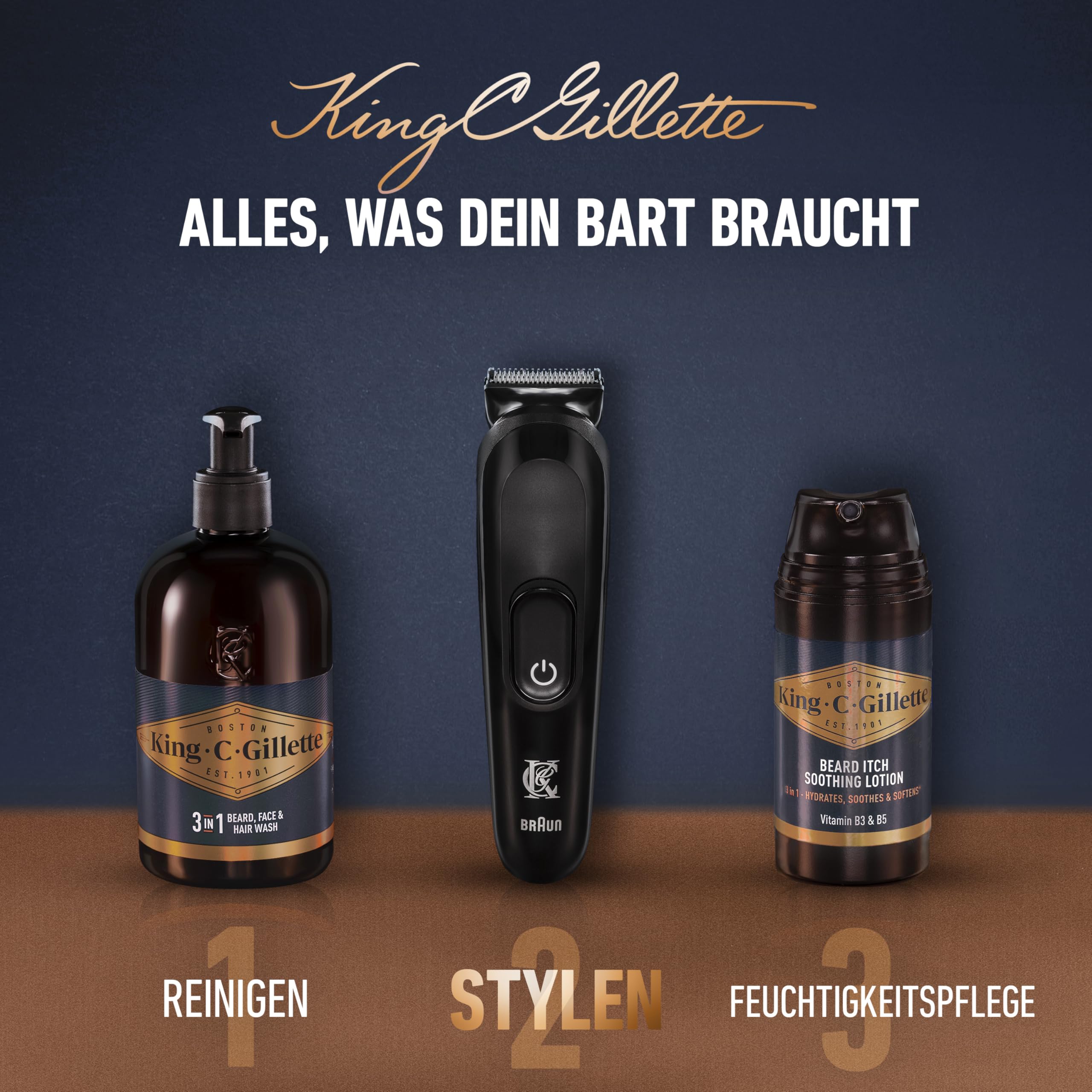 King C Gillette Barttrimmer für Männer, Elektrischer Bartschneider Herren mit 1 Trimmer, 5 Kammaufsätzen, 1 Reinigungsbürste, und 1 Ladegerät, Kabelloser Bartrasierer, 50 Min. Akkulaufzeit