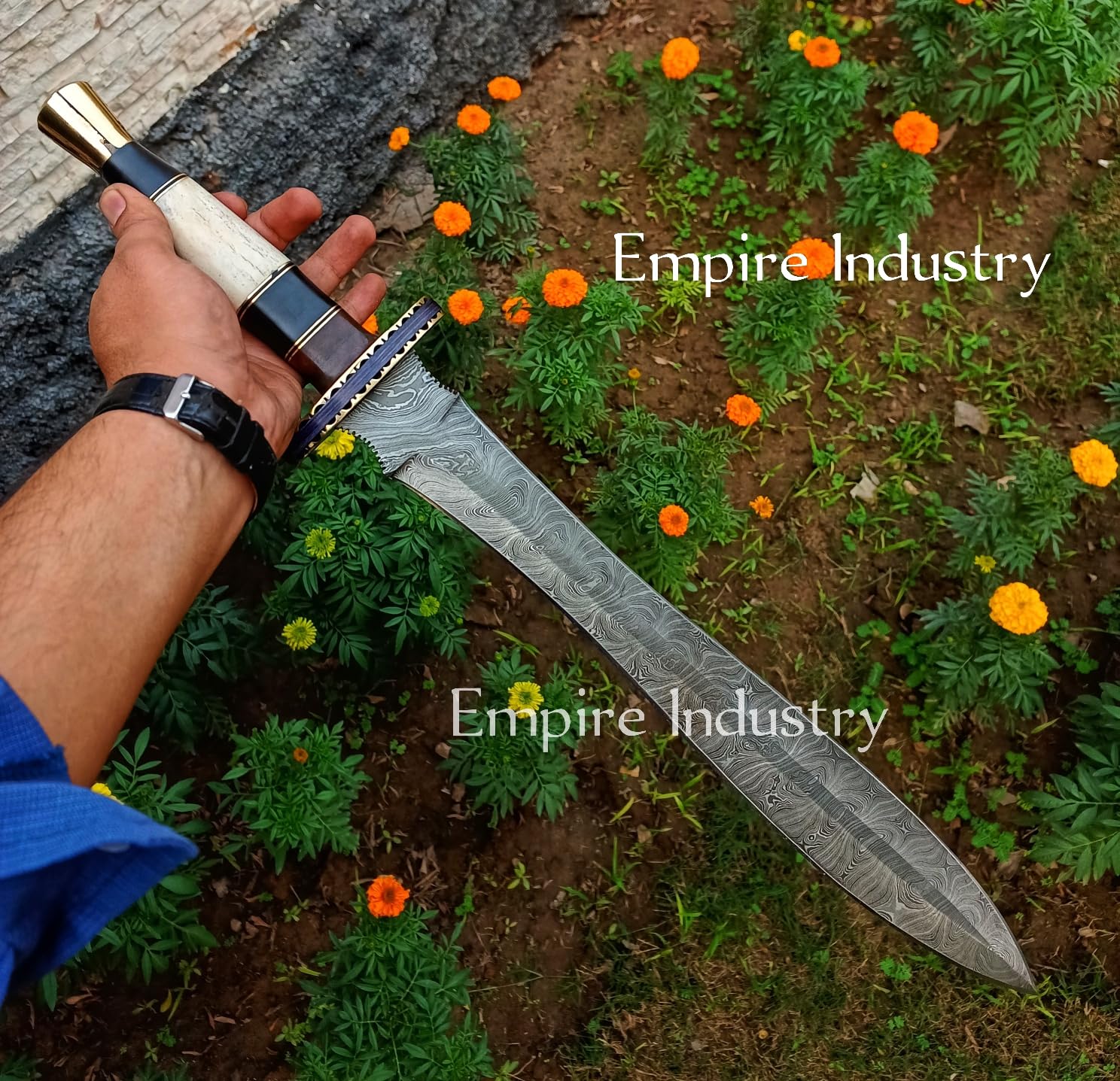 Empire - 25 Inch Long Damascus Steel Double Edge Viking Sword with Leather Sheath - Camel Bone Grip - Combat Sword by Empire Industry