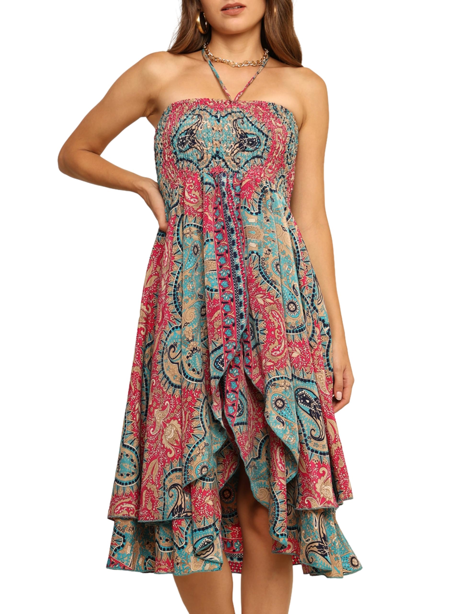 KE KANHA EXPORTS | Long Skirt for Woman Maxi Wrap Around Skirt | Border Print Boho Convertible Skirt to Halter Neck Dress | Beach Summer Travel Wear | Easily S M L-image-23