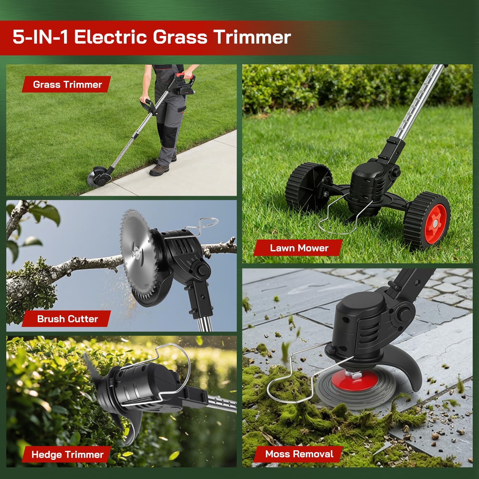 Desbrozadora con batería, 5 en 1 batería con 2 baterías, 4 cuchillas intercambiables para ramas, setos, hierba y musgo, cortacésped eléctrico para patios, jardines y bordes de aceras, altura ajustable