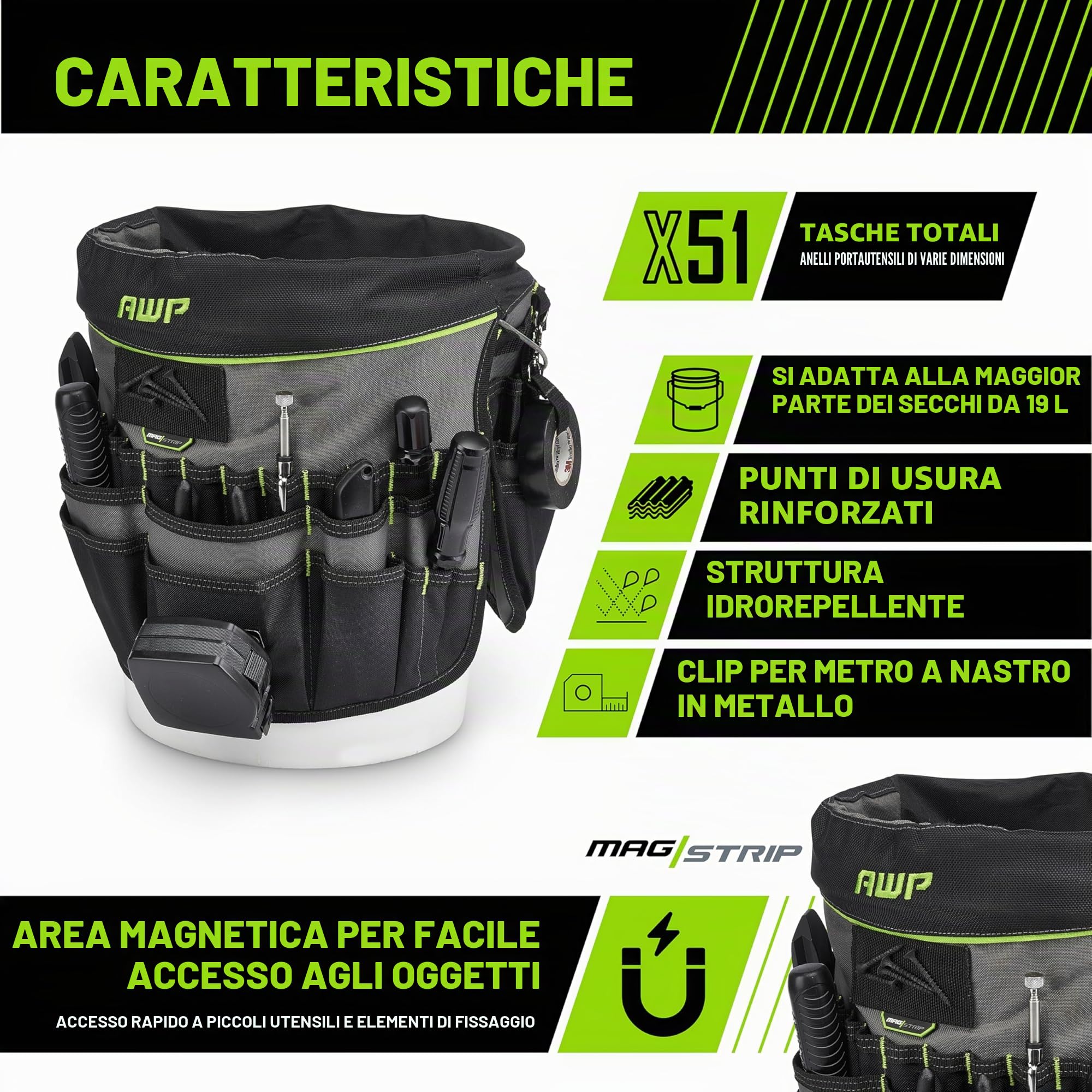 AWP 51-Pocket Bucket Tool Organizer for Easy Tool Access, Fits Most 5-Gallon Buckets, Water-Resistant Construction