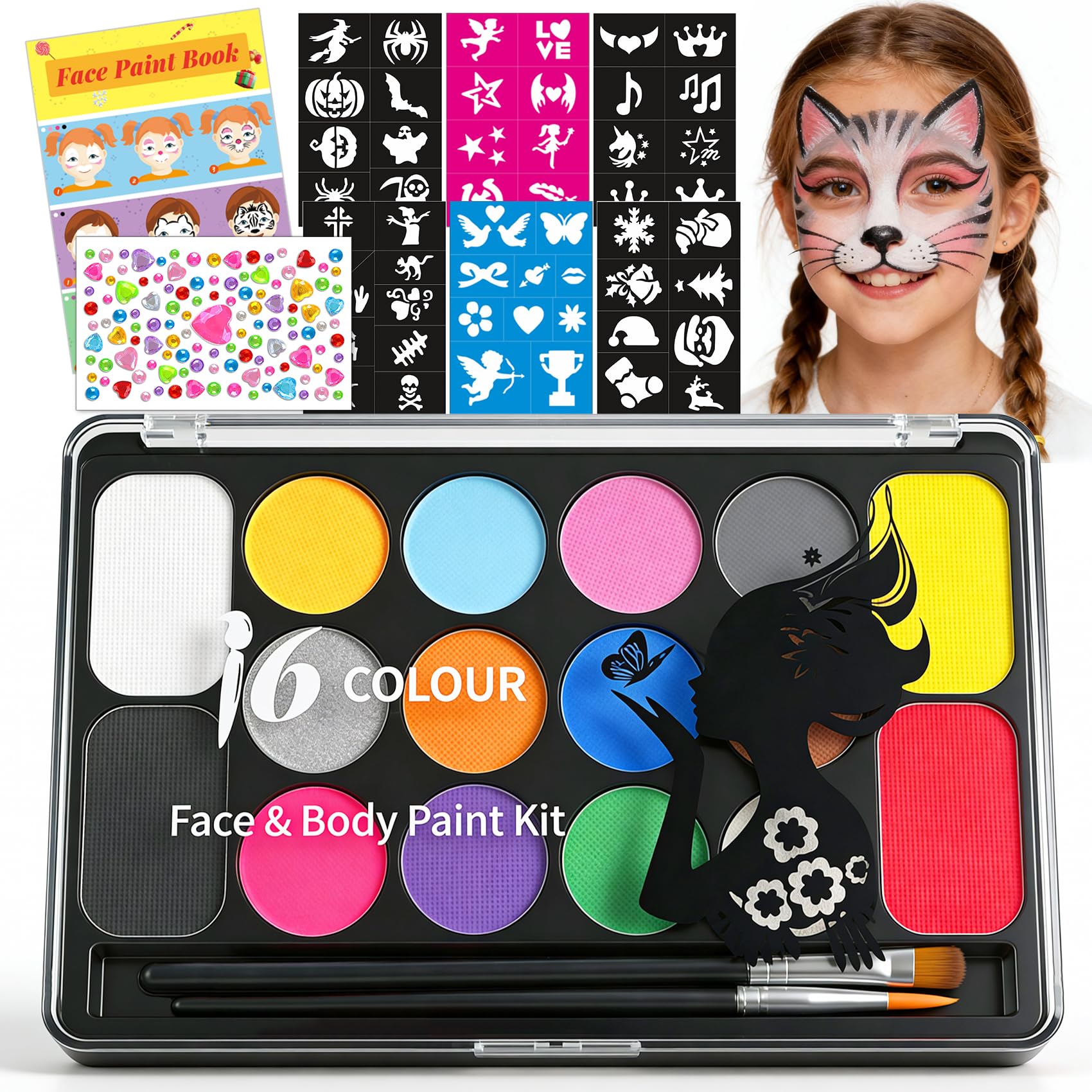 Mekkyes Truccabimbi Kit - 16 Colori Trucco Viso Bambini con 4 Colori Grandi, 52 Stencil e 1 Adesivo con Strass, Truccabimbi set Anallergici Atossici Body Painting per Halloween Carnevale Cosplay
