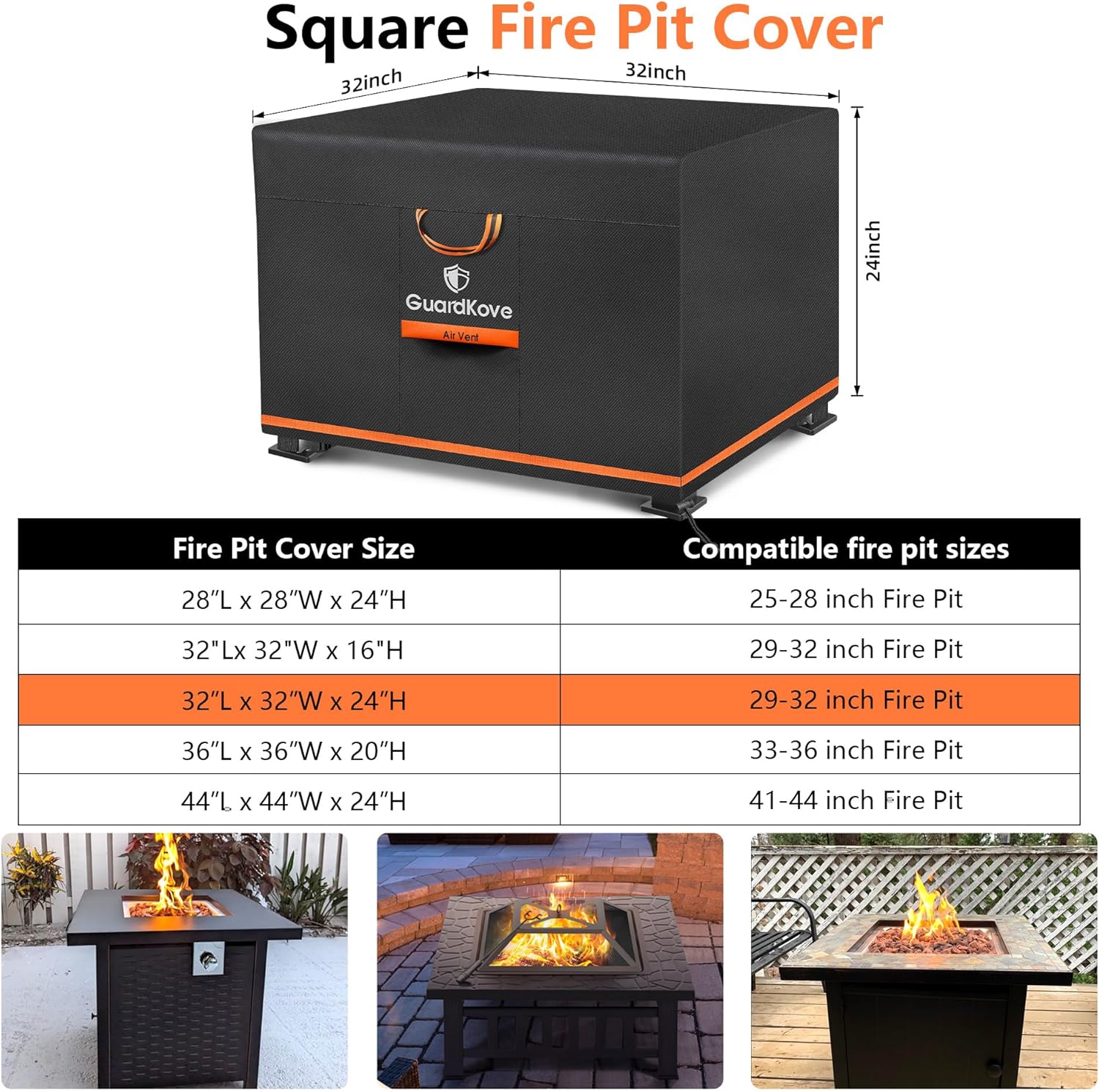 [Upgraded 1000D Heavy Duty Fabric] 32” Fire Pit Cover Square for 29”- 32” Fire Pit/Table, Waterproof Tear & Fade Resistant Firepit Cover with Buckle, Air Vents, Drawstring (32”L x 32”W x 24”H, Black) - Image 2