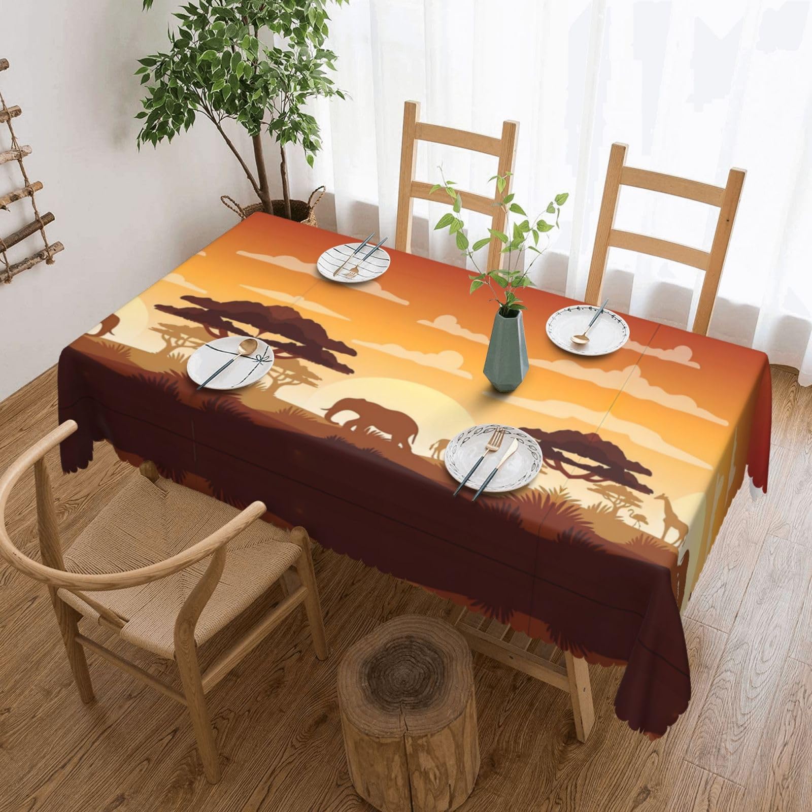 QAZWZML Elephant and Giraffe in The Sunset Printed tablecloth, made of thick polyester with lace trim, suitable for dining rooms, picnics, and weddings